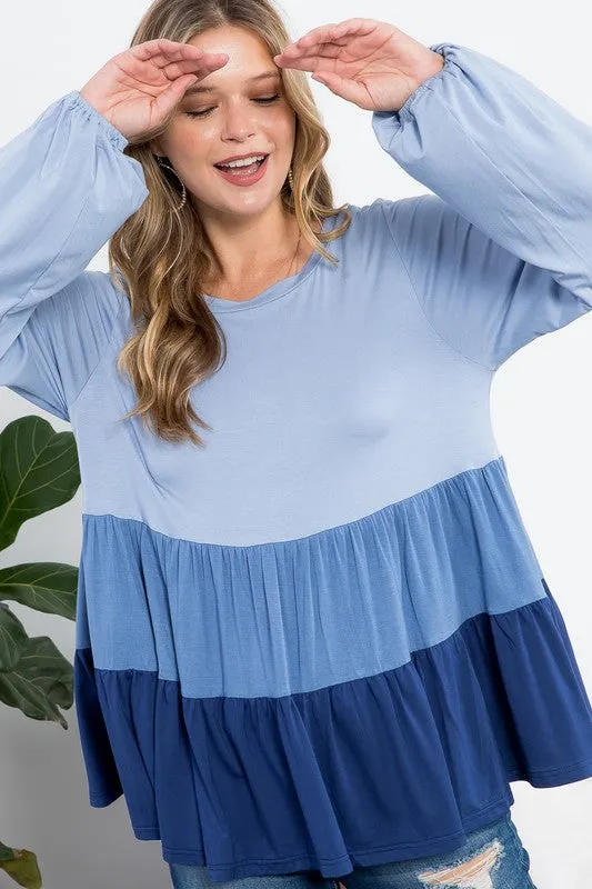 COLOR BLOCK RUFFLE TIERED SWING TOP