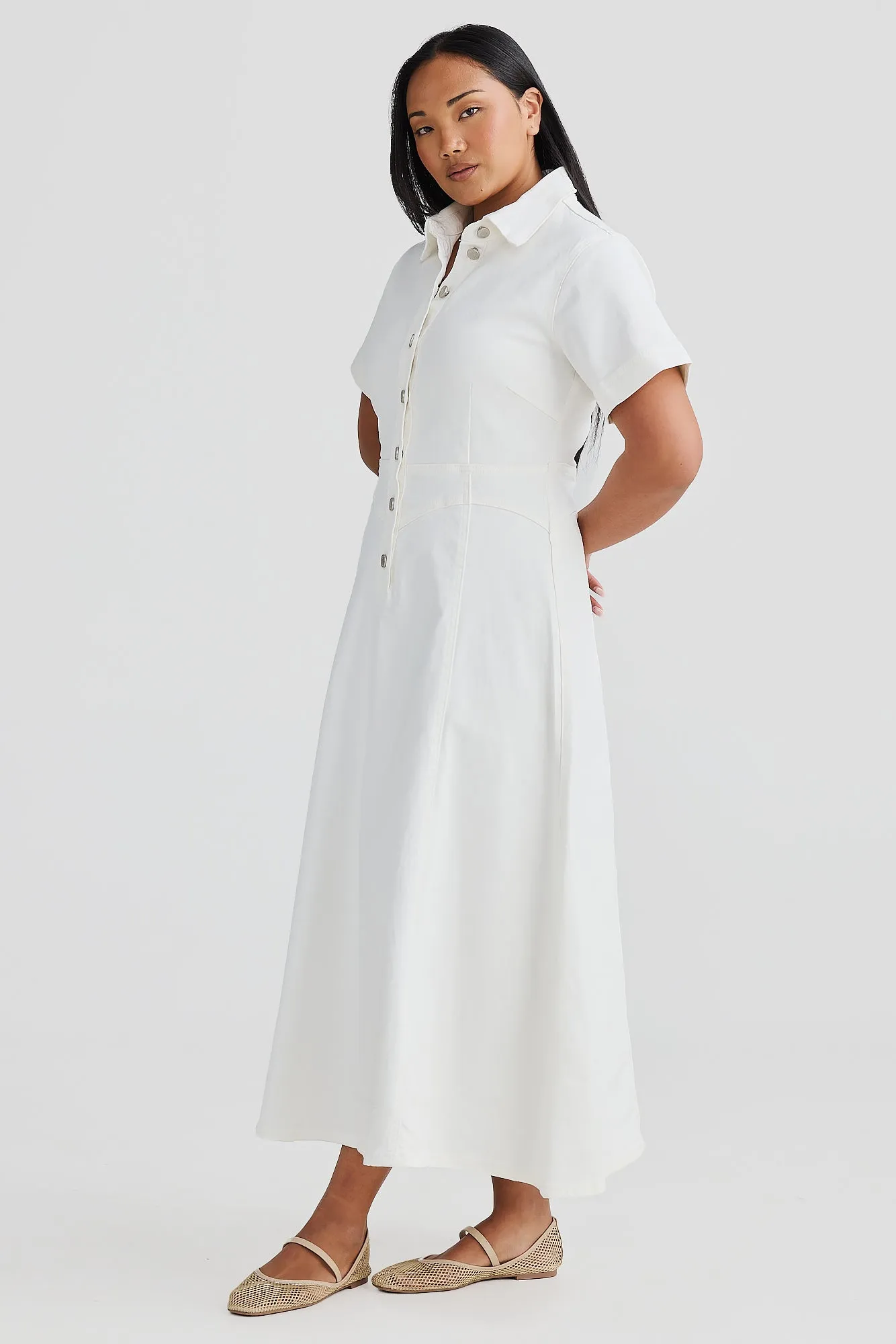 Core Denim Short Sleeve Dress - White Denim