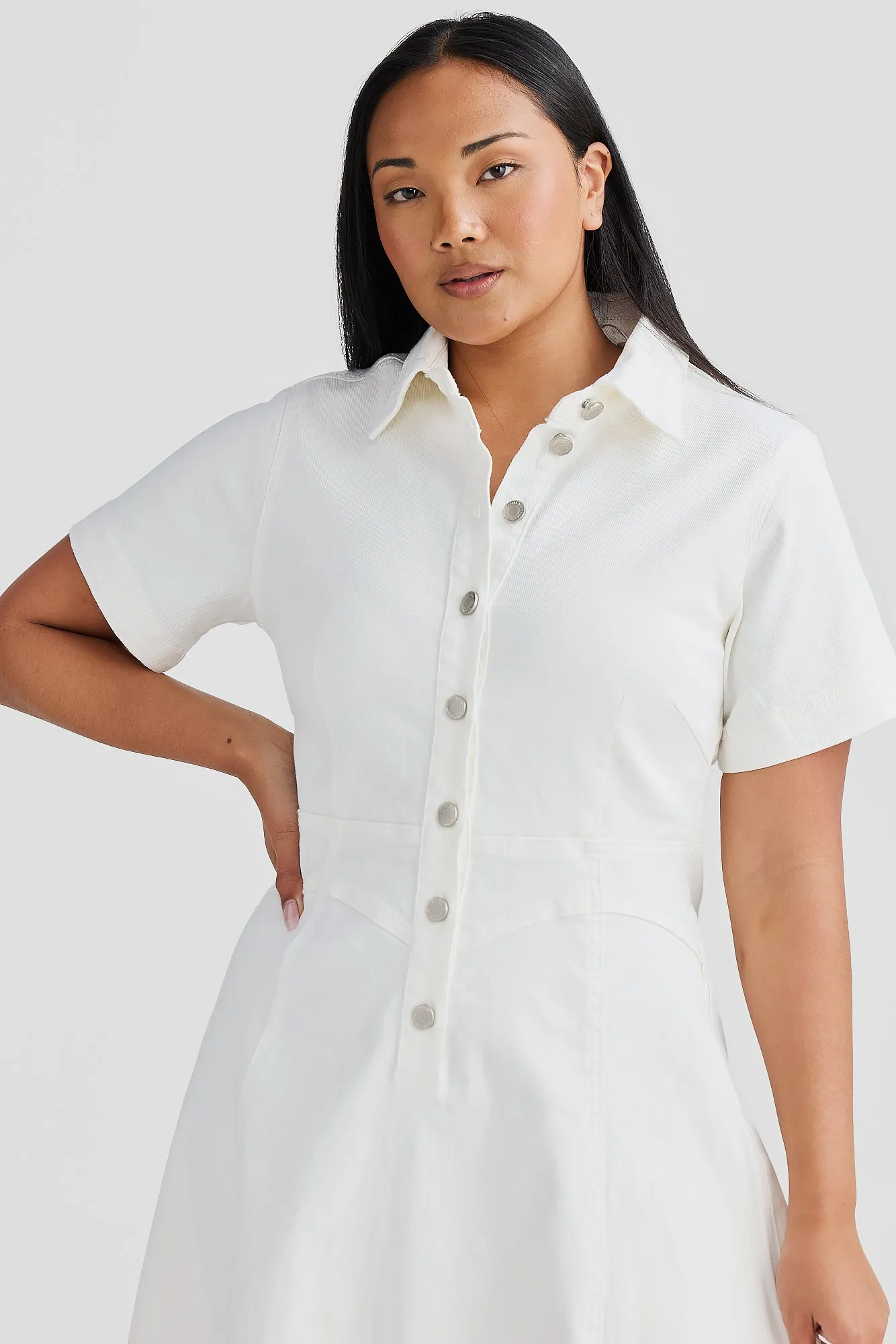 Core Denim Short Sleeve Dress - White Denim