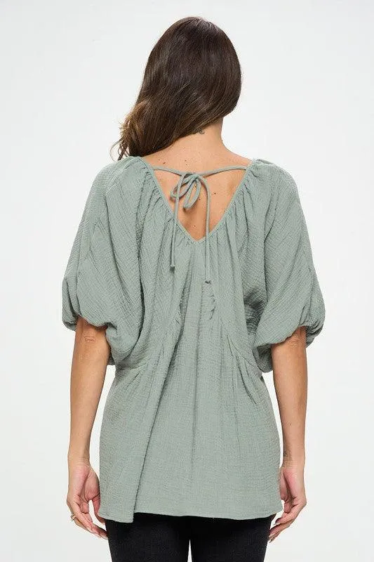 Cotton V neck Puff Sleeve Tunic Top