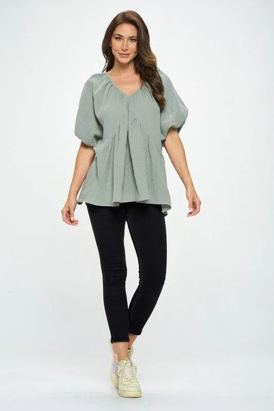 Cotton V neck Puff Sleeve Tunic Top