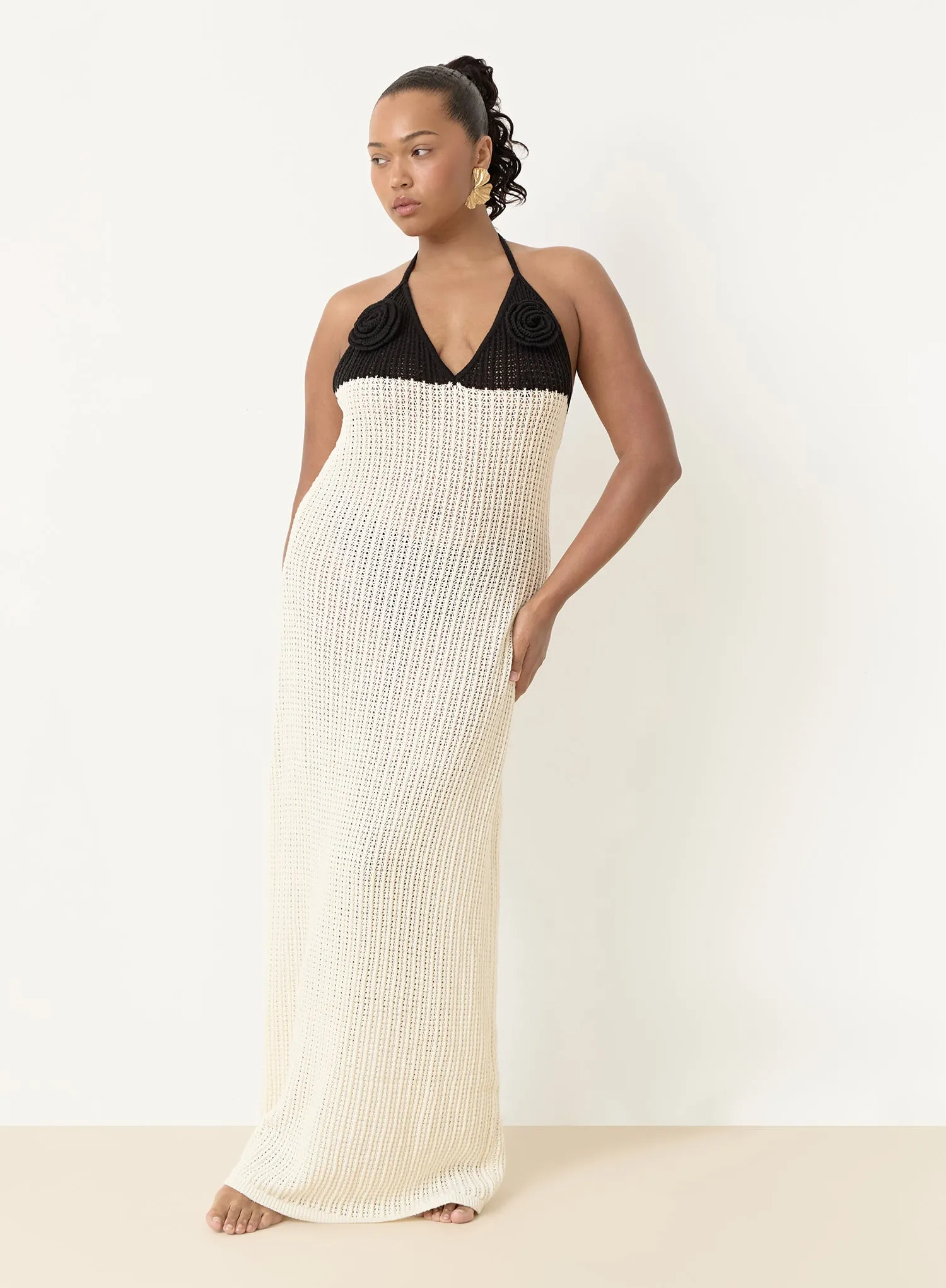 Cream And Black Knit Corsage Maxi Dress- Orchid