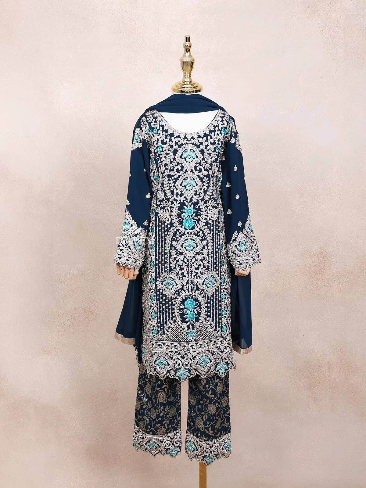 Dark Green Kids Salwar Suit Adorned with Sequins and Floral with Dupatta