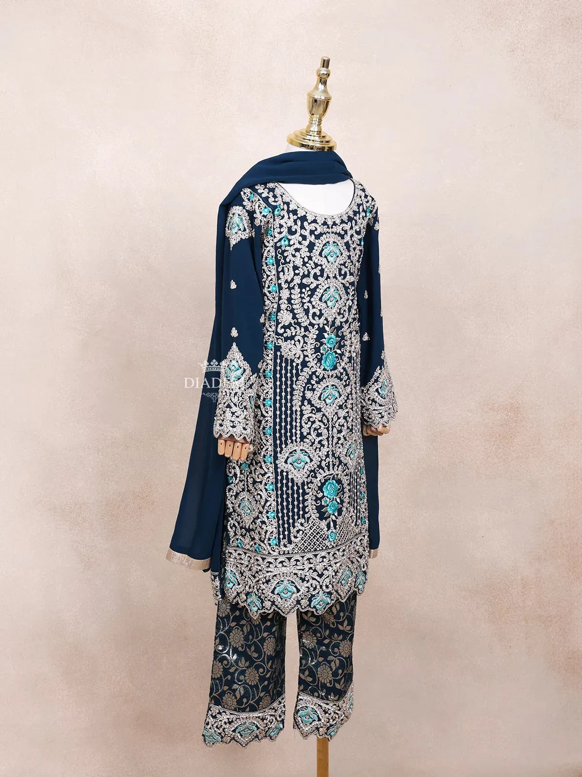 Dark Green Kids Salwar Suit Adorned with Sequins and Floral with Dupatta