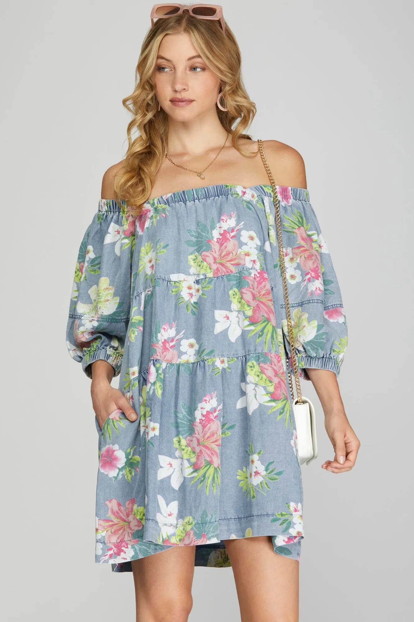 DENIM CHAMBRAY FLORAL ELASTIC NECK DRESS