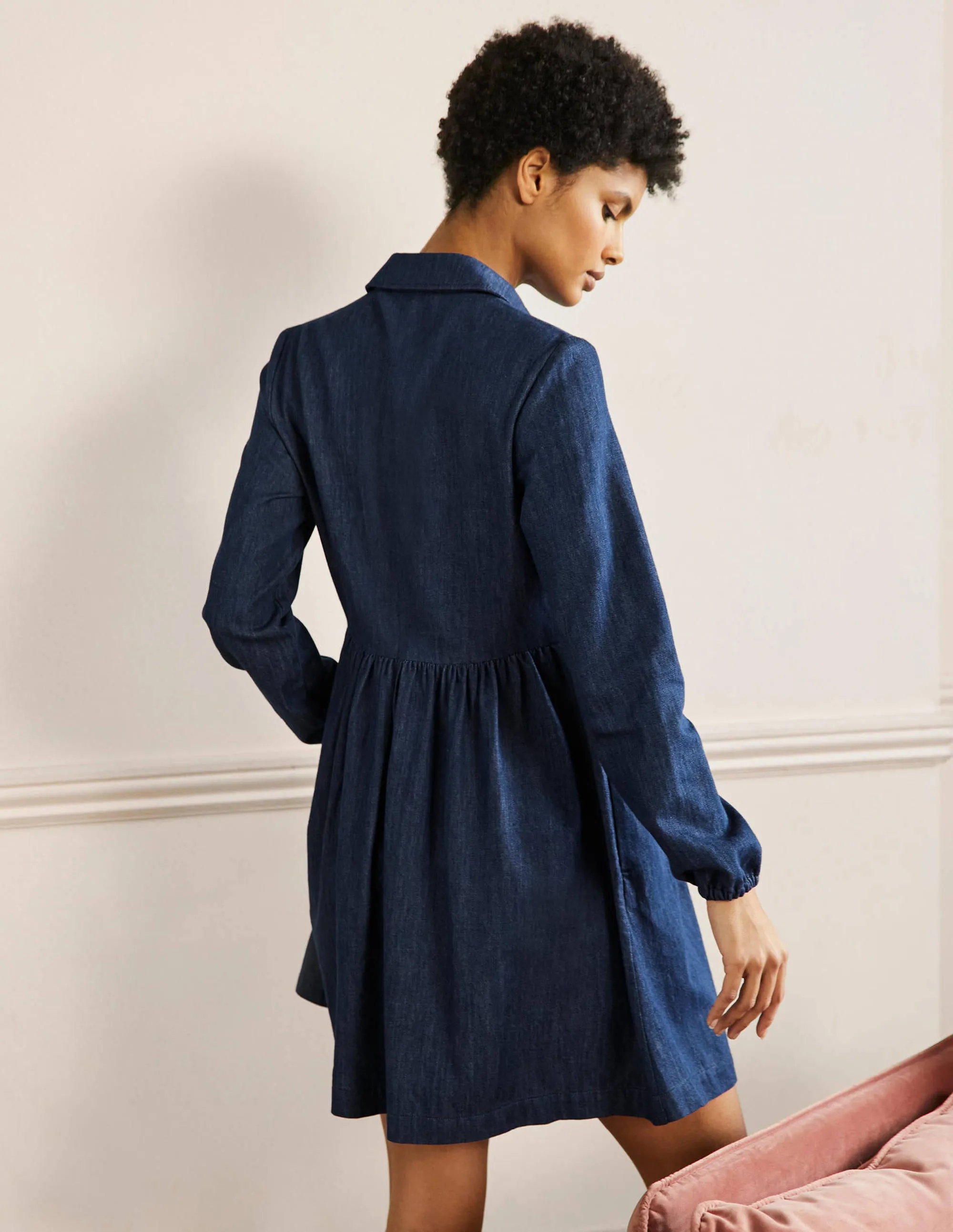 Denim Mini Shirt Dress-Denim