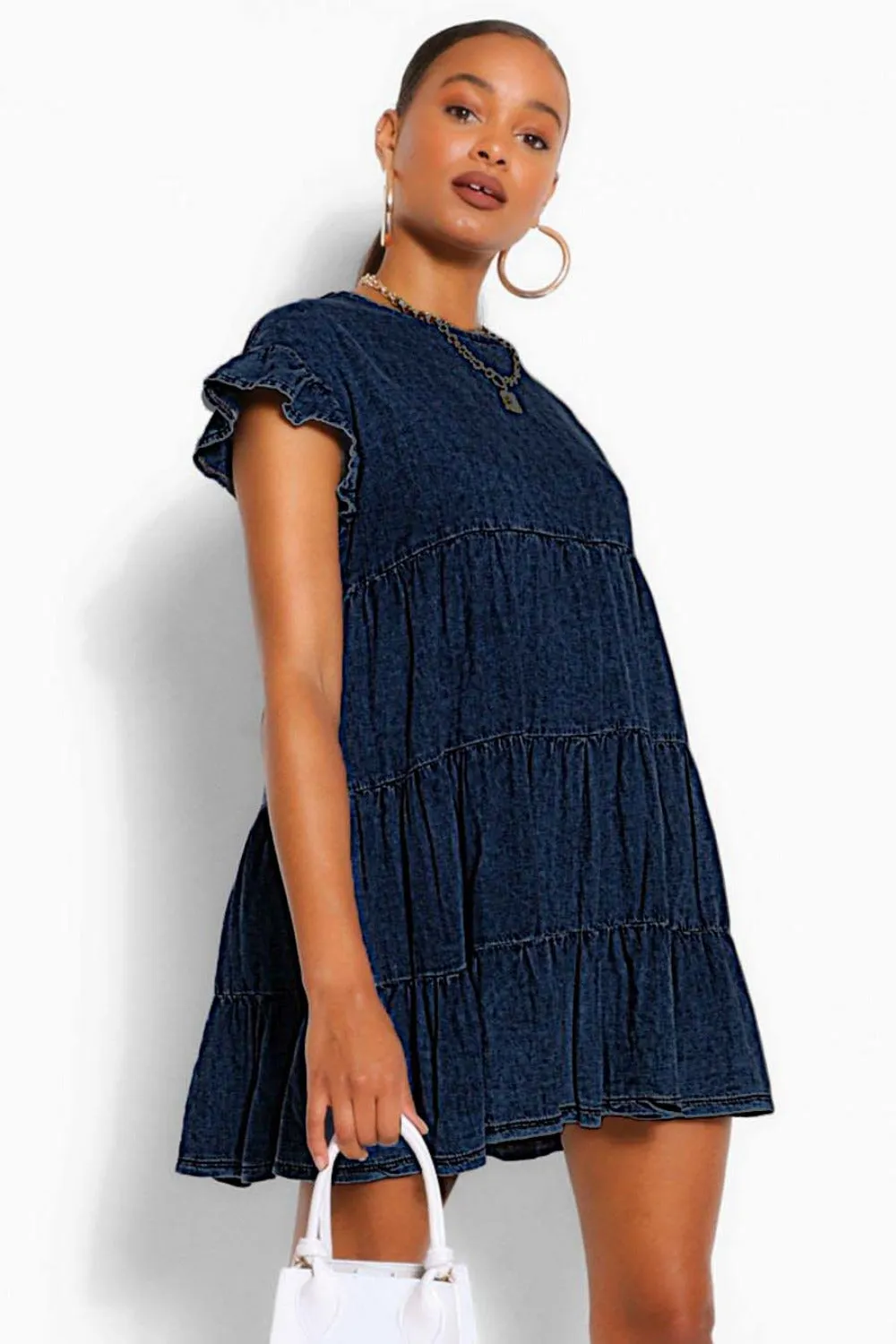 Denim Ruffle Smock Dress