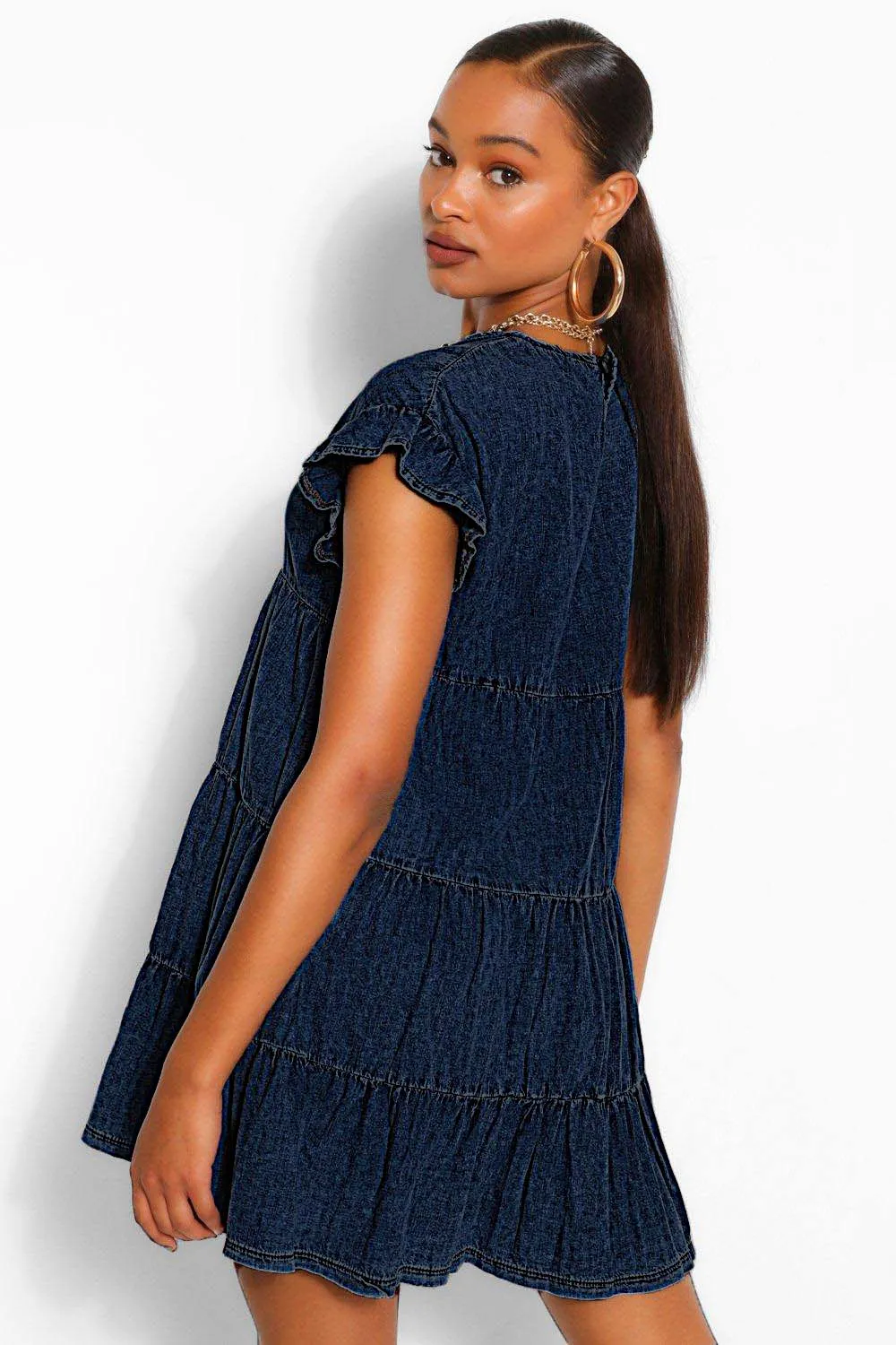 Denim Ruffle Smock Dress