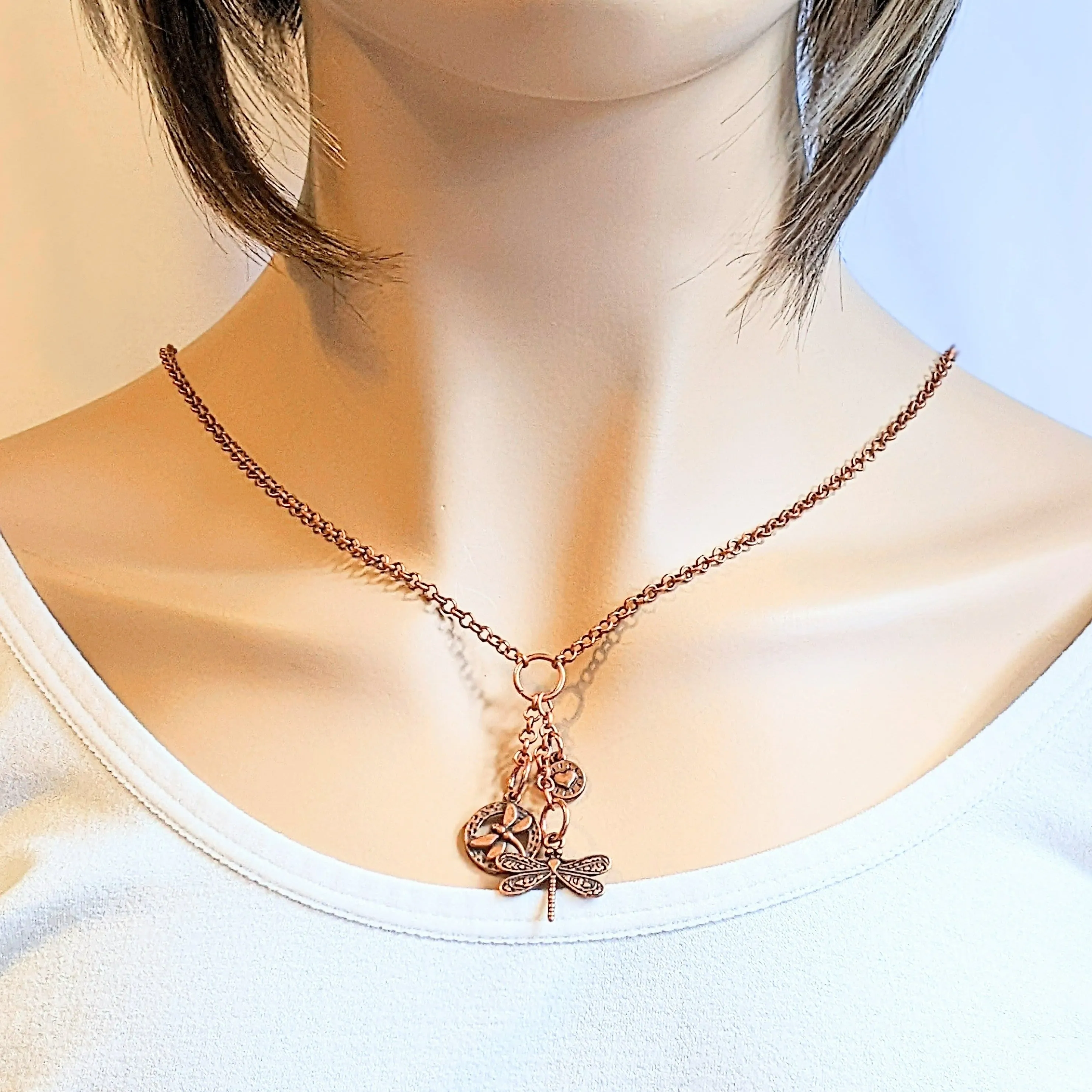 Dragonfly Copper Charm Keeper Necklace, 18-24 inch