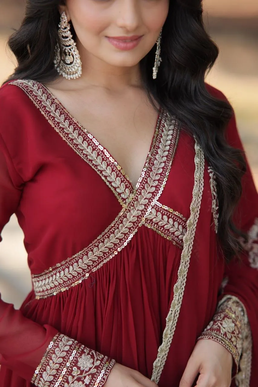 Elegant Maroon Embroidered Anarkali Gown