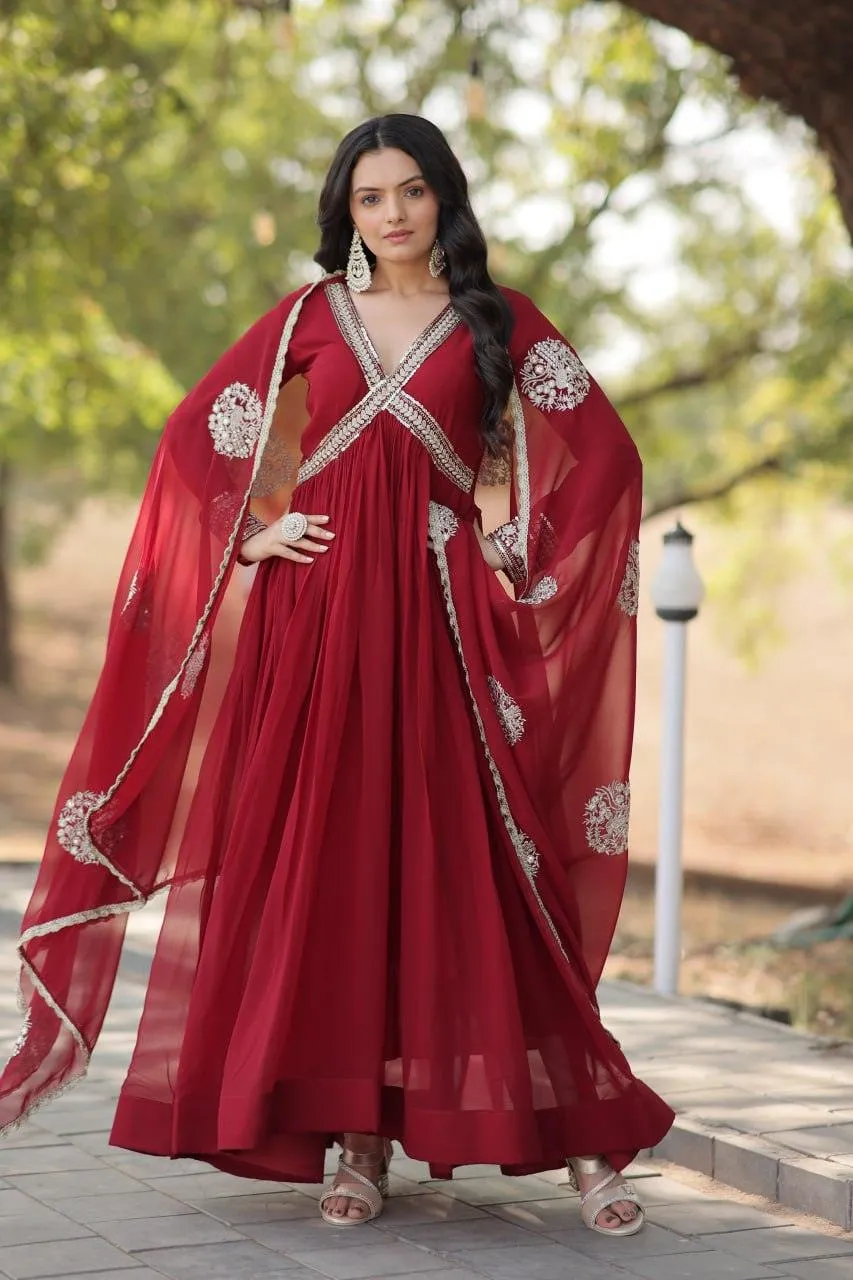 Elegant Maroon Embroidered Anarkali Gown