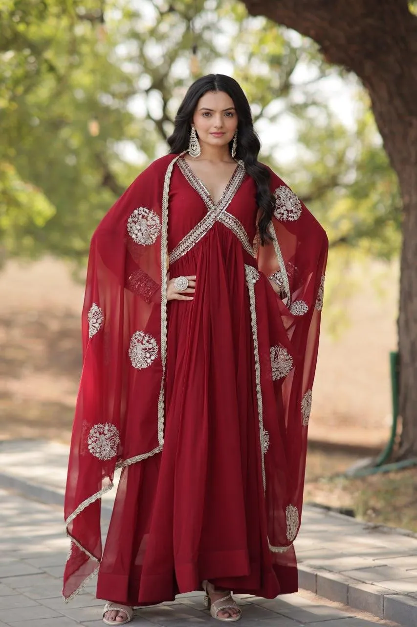 Elegant Maroon Embroidered Anarkali Gown