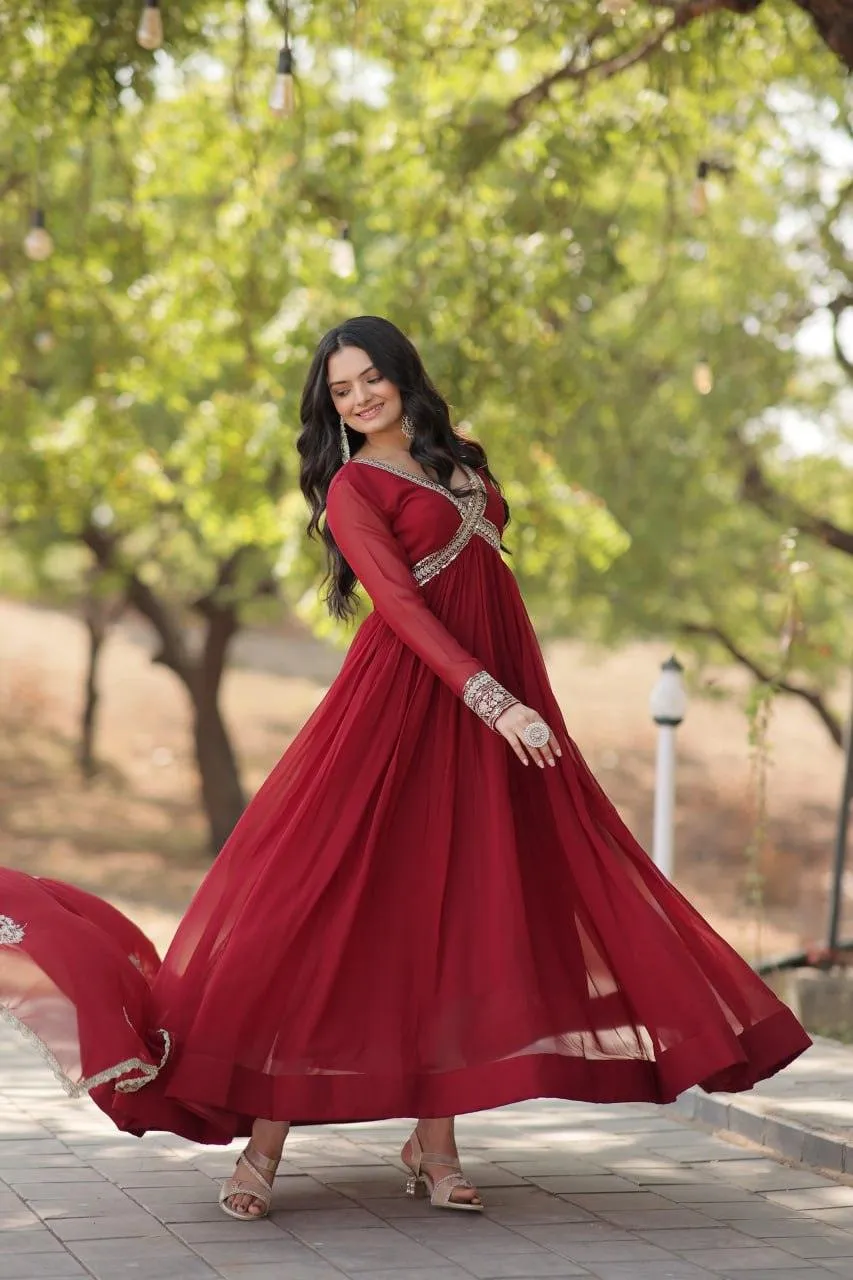 Elegant Maroon Embroidered Anarkali Gown