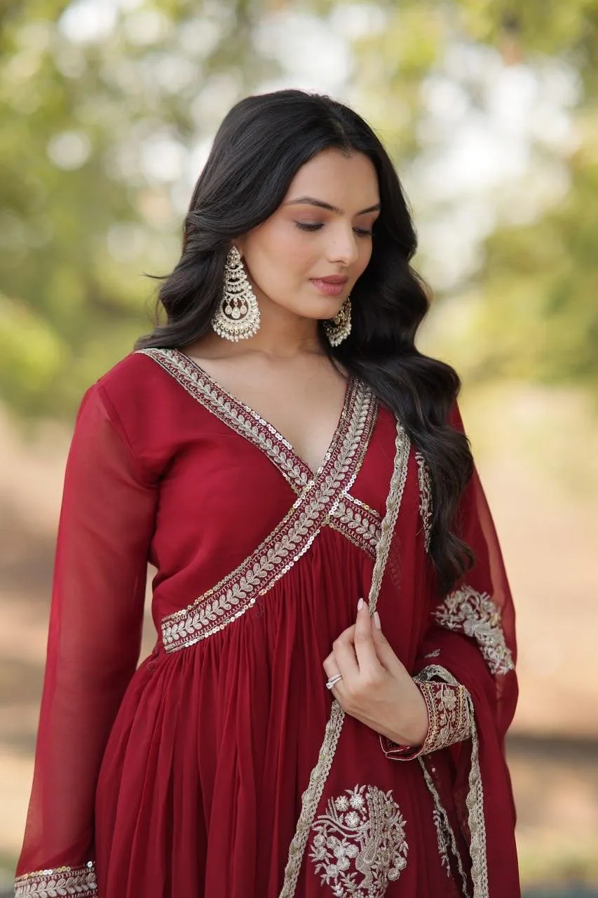 Elegant Maroon Embroidered Anarkali Gown