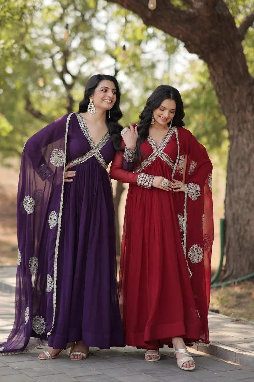 Elegant Maroon Embroidered Anarkali Gown