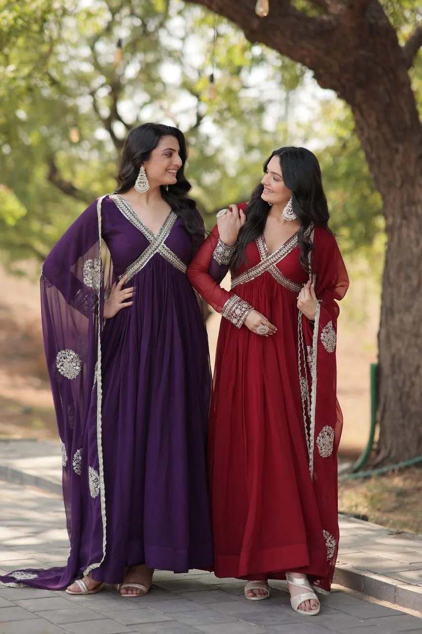 Elegant Maroon Embroidered Anarkali Gown