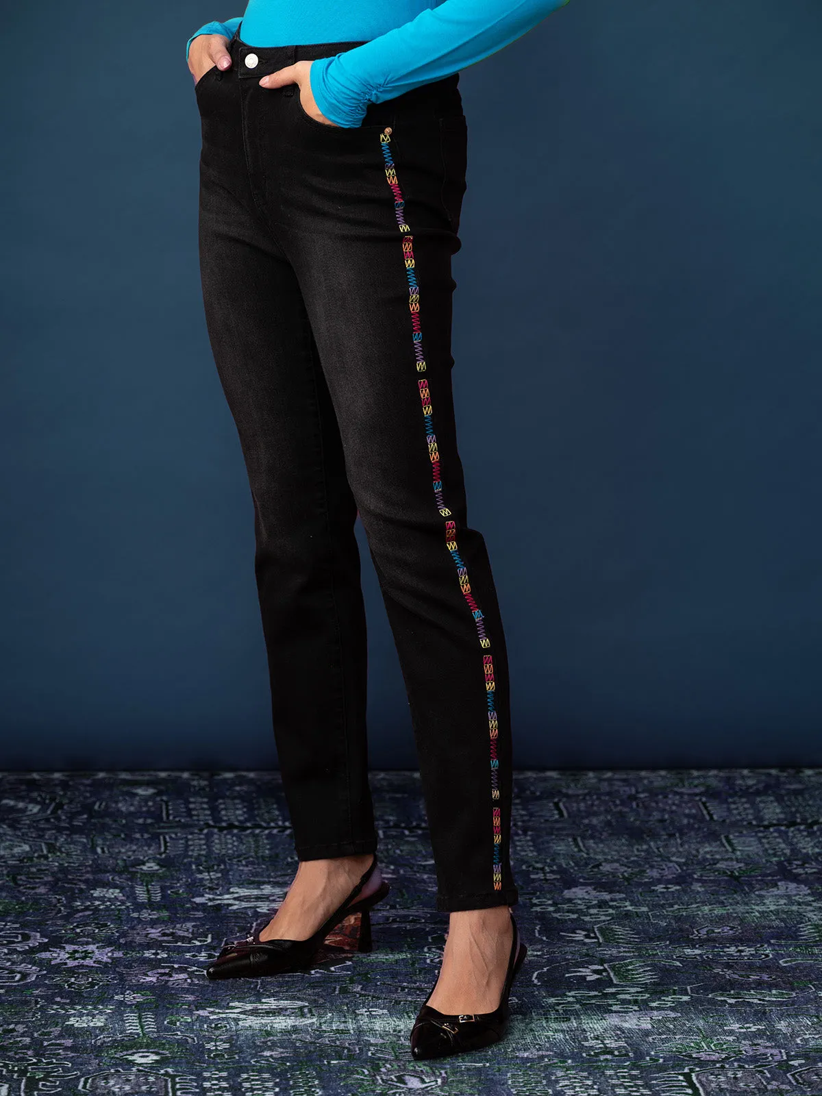 Embroidered Side-Stripe Jeans