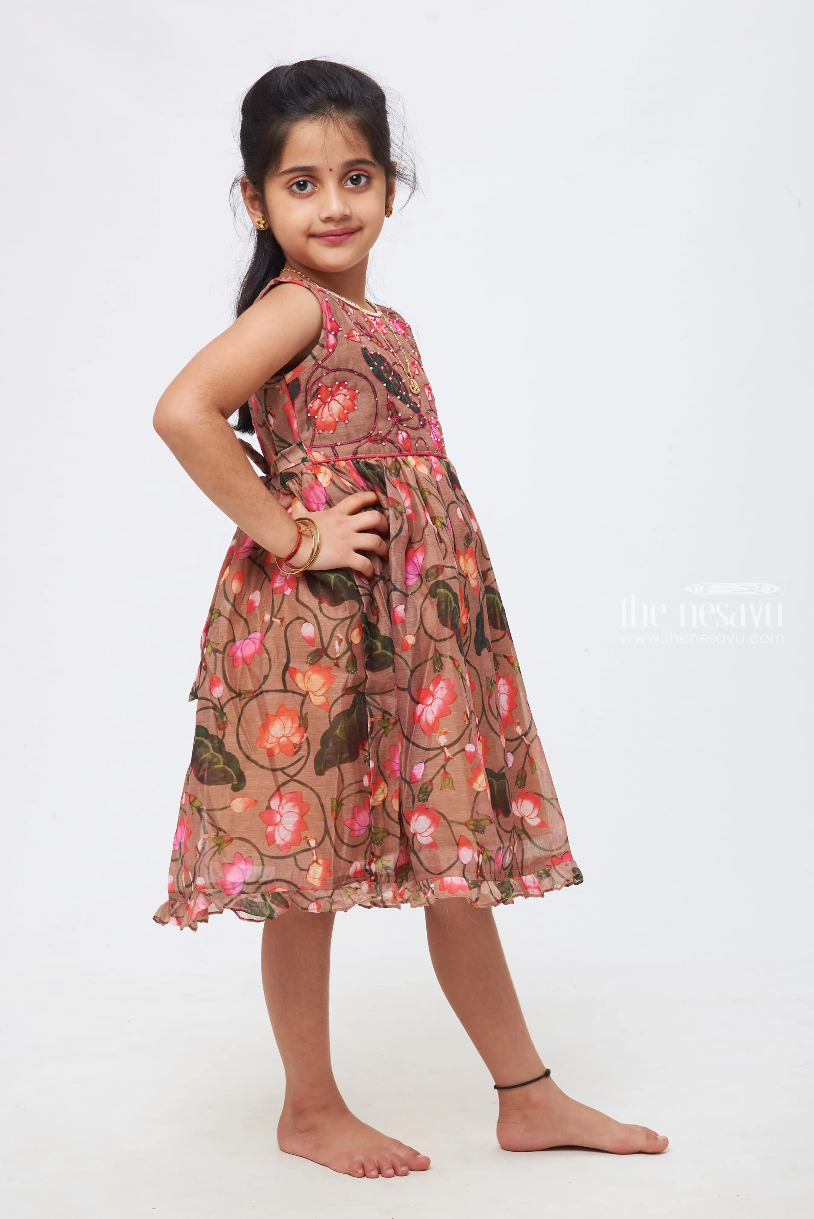 Enchanted Brown Blossom Tulle Dress - Ethereal Floral Kids Cotton Frock