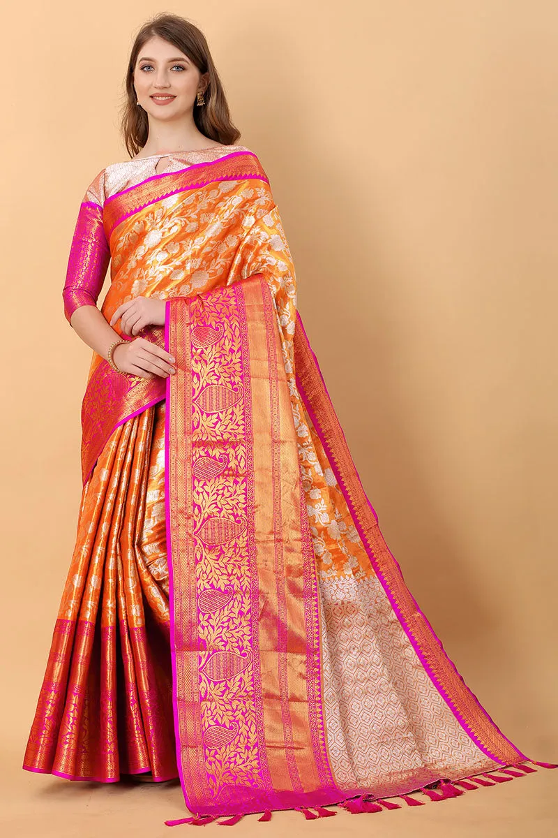 Enthralling Orange Kanjivaram Silk Saree With Rhapsodic Blouse Piece