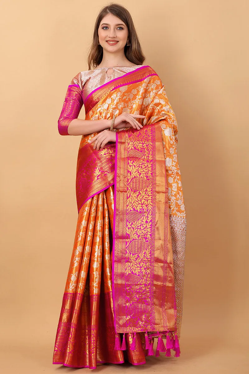 Enthralling Orange Kanjivaram Silk Saree With Rhapsodic Blouse Piece