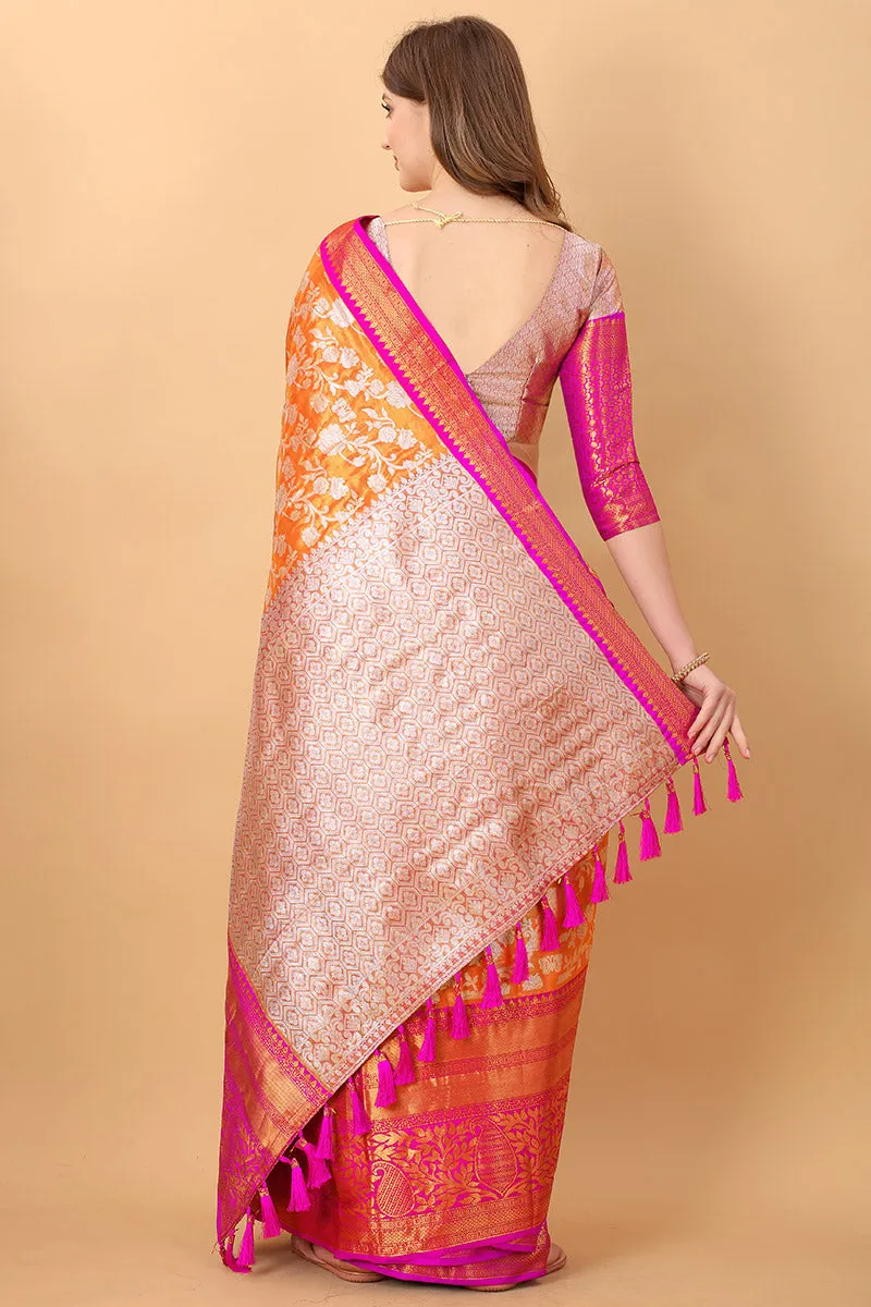 Enthralling Orange Kanjivaram Silk Saree With Rhapsodic Blouse Piece