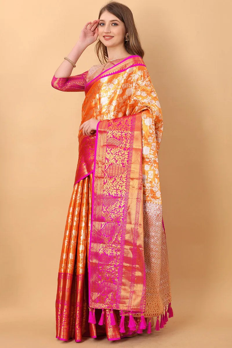 Enthralling Orange Kanjivaram Silk Saree With Rhapsodic Blouse Piece