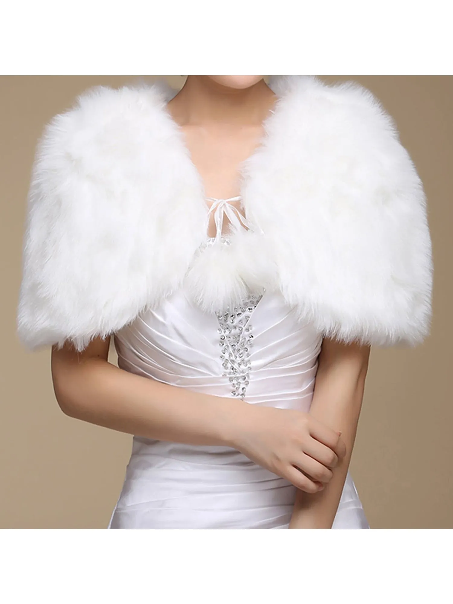 Faux Fur Bridal Shawl with Pom Pom