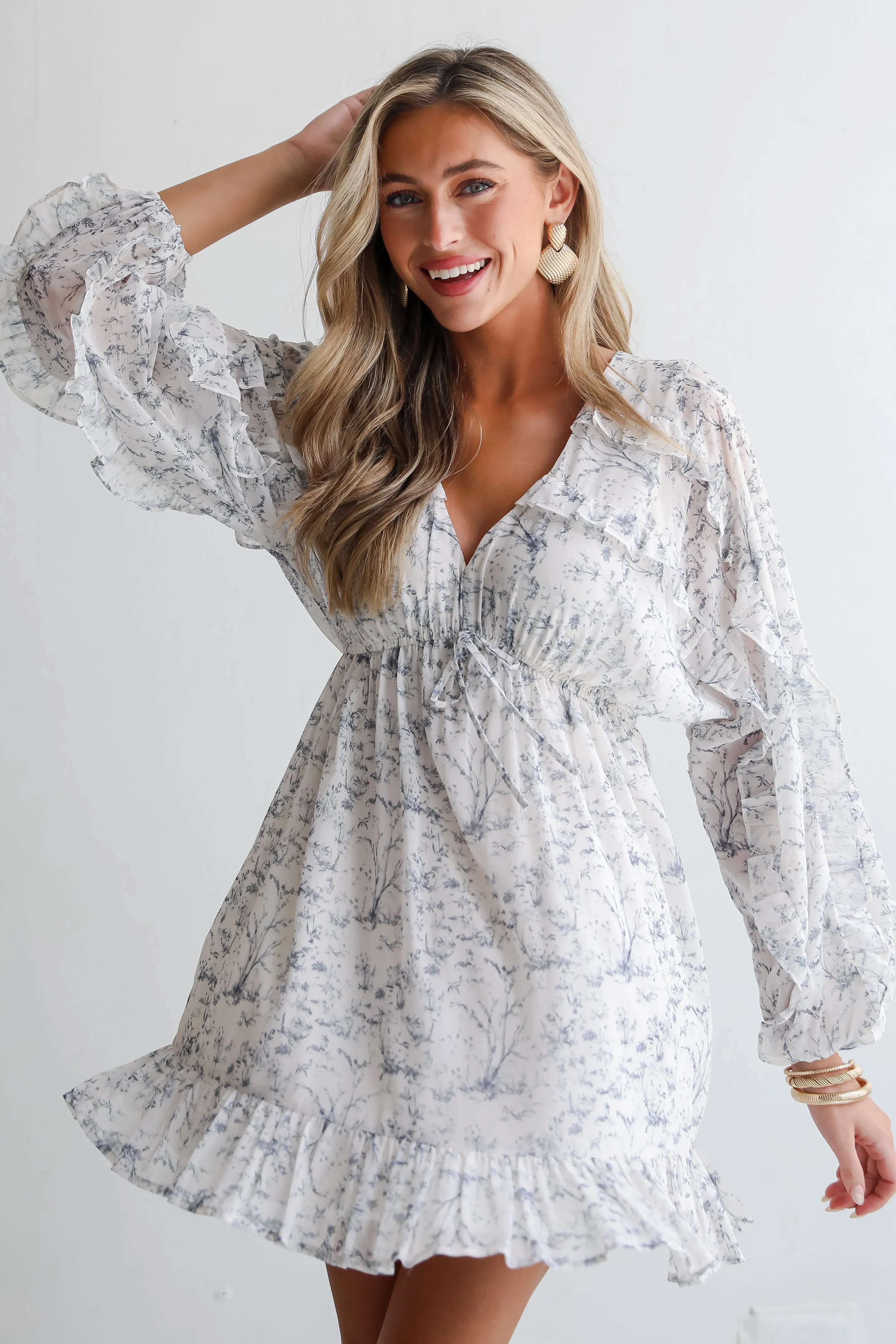 FINAL SALE - Blissful Blossoms Ivory Floral Ruffle Mini Dress