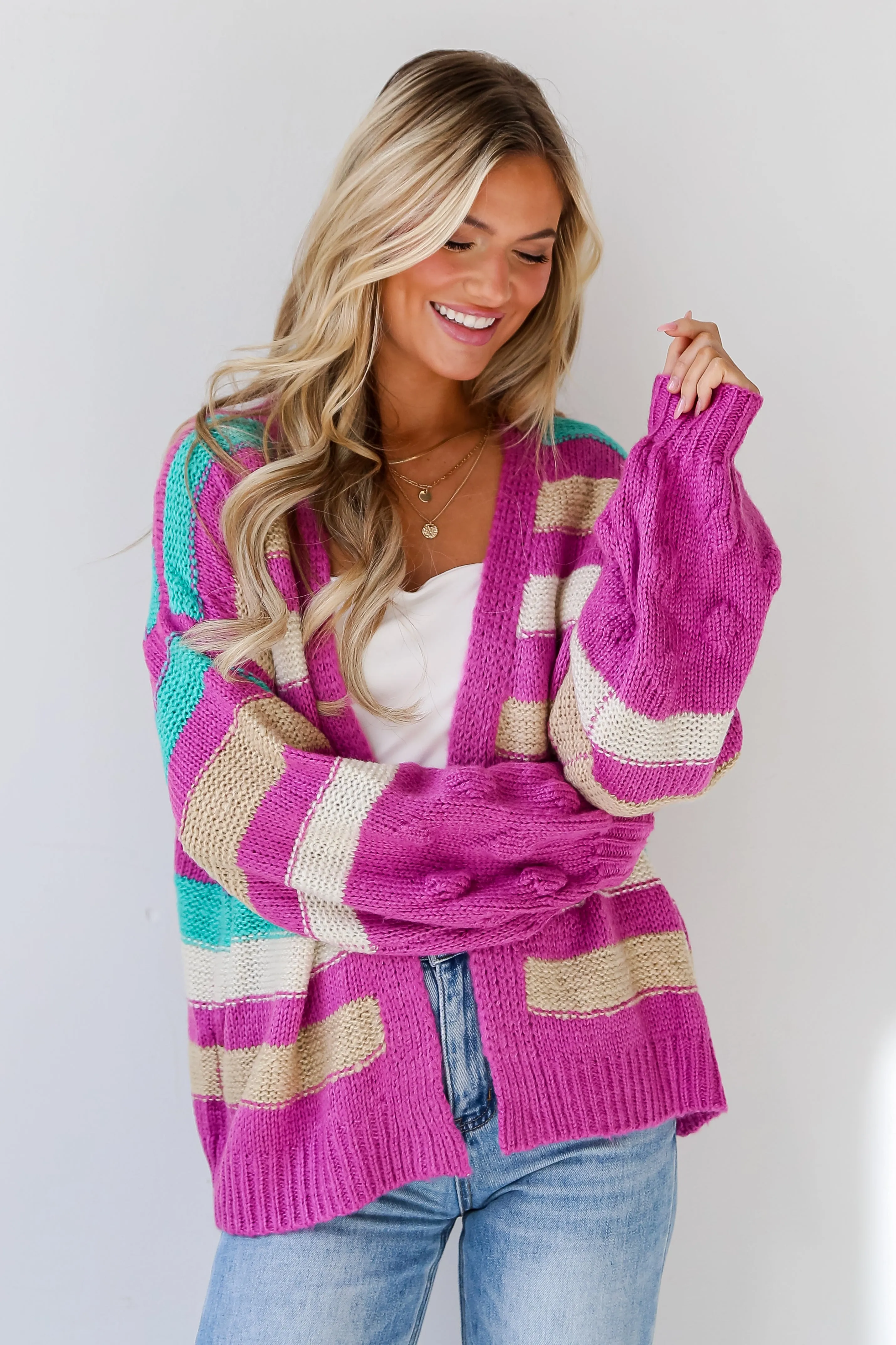 FINAL SALE - Easygoing Style Fuchsia Striped Sweater Cardigan