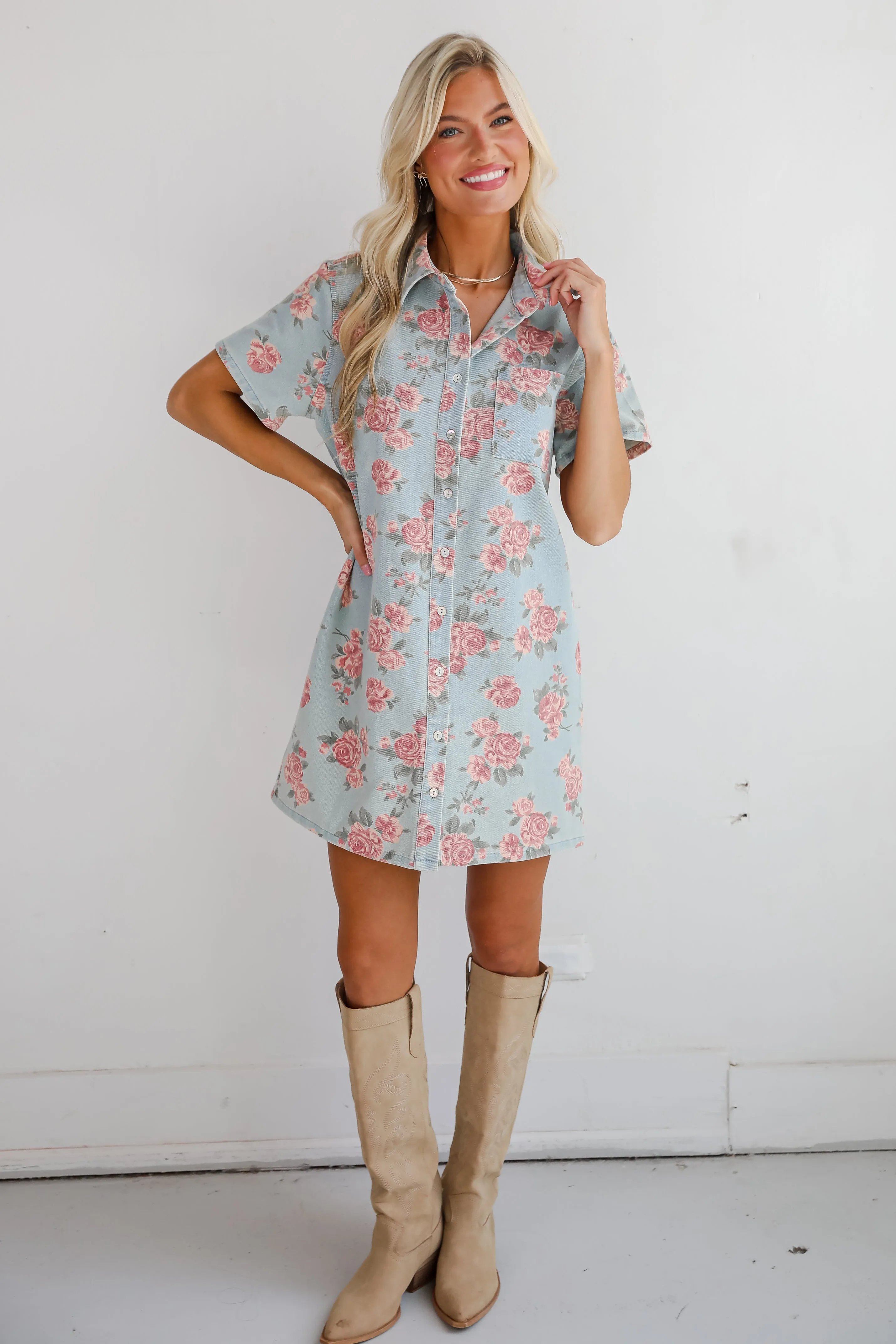 FINAL SALE - Gorgeous Purpose Denim Floral Mini Dress