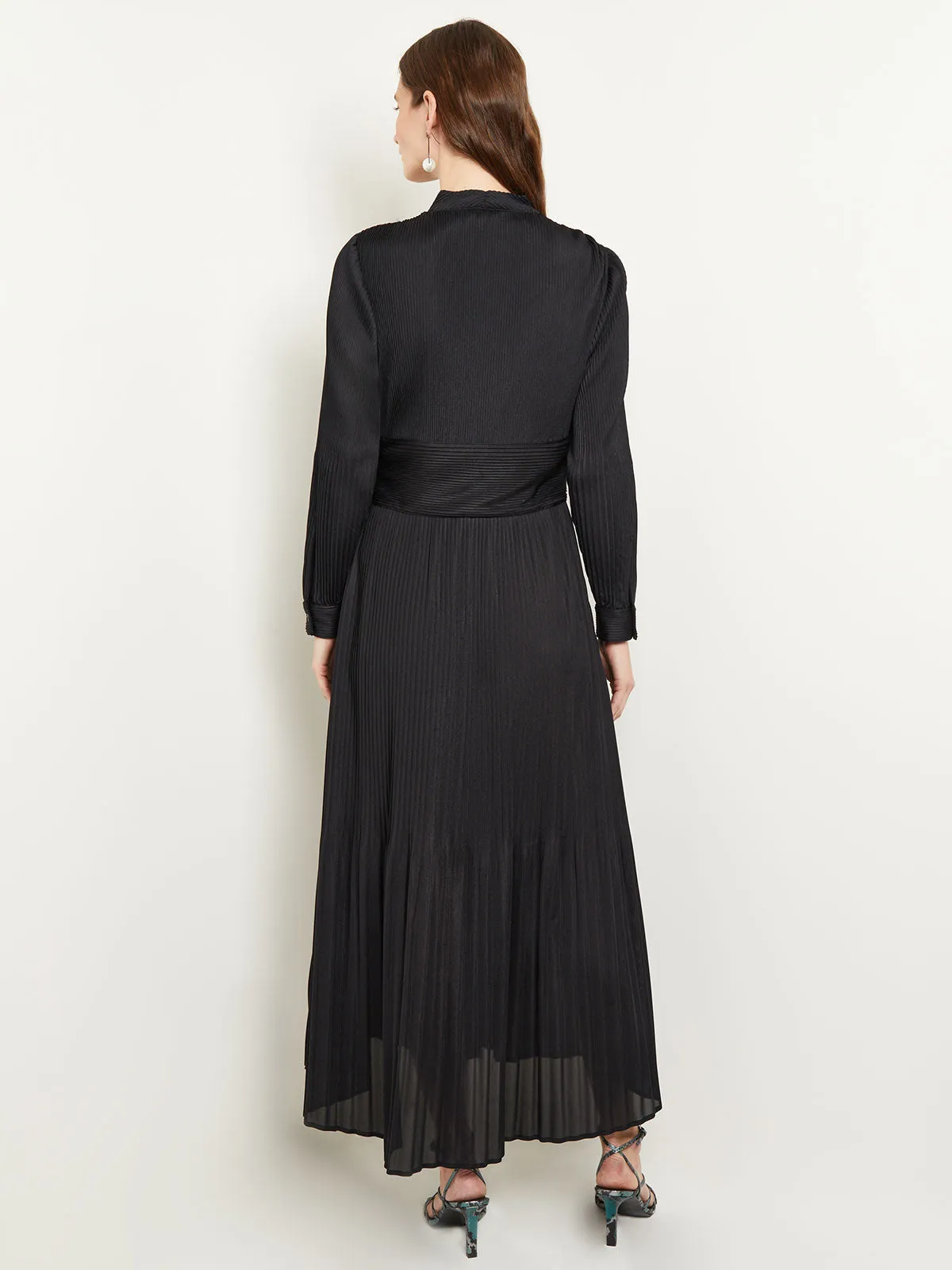 Fit-and-Flare Pleated Woven Maxi Dress