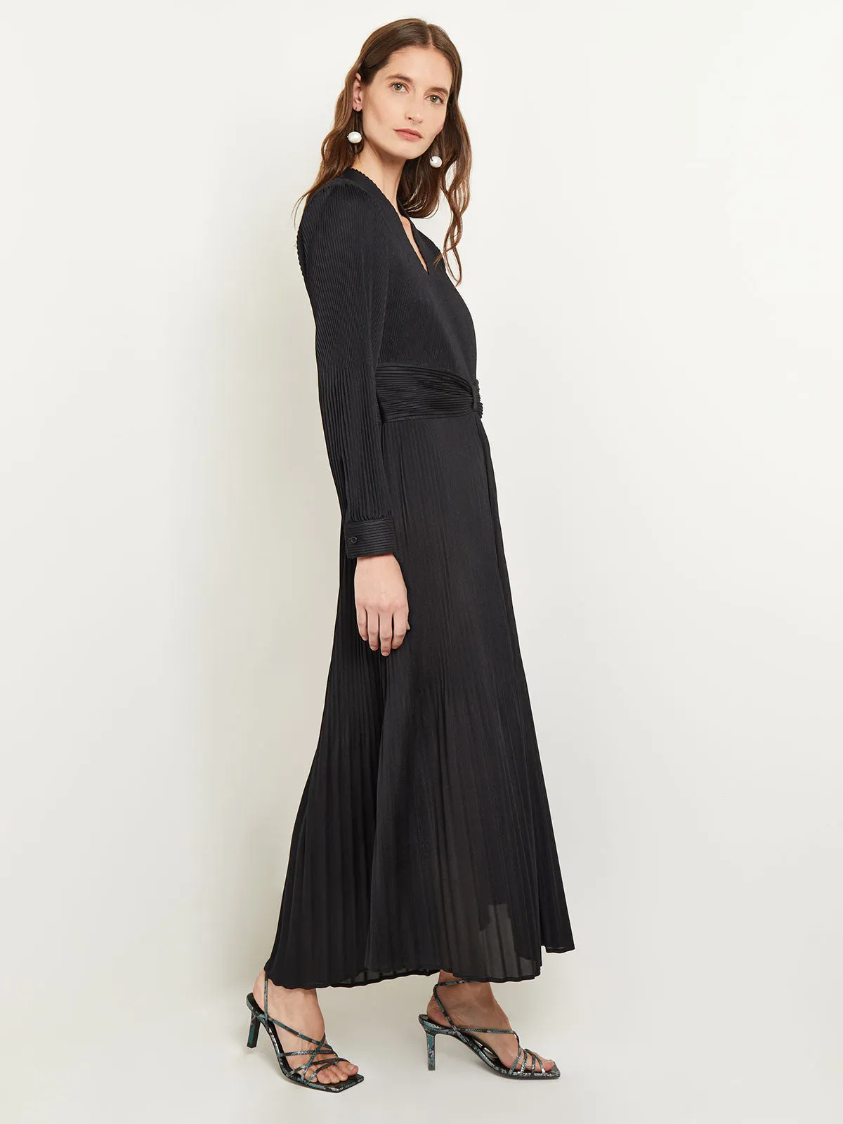 Fit-and-Flare Pleated Woven Maxi Dress