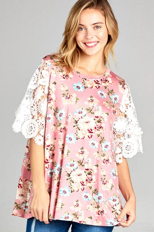 FLORAL CROCHET LACE SLEEVE TOP