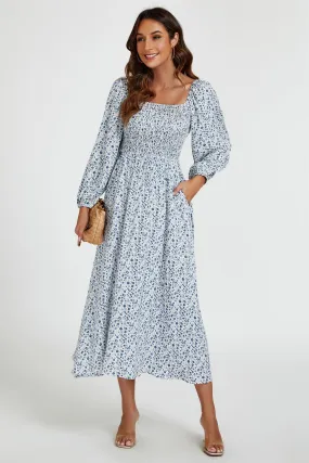 Floral Print Square Neck Maxi Dress In Light Blue