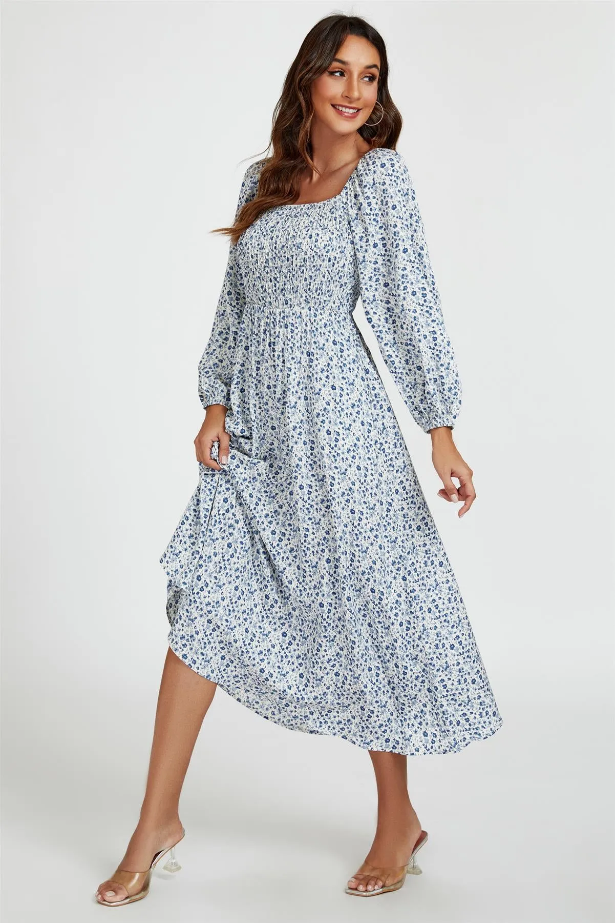 Floral Print Square Neck Maxi Dress In Light Blue