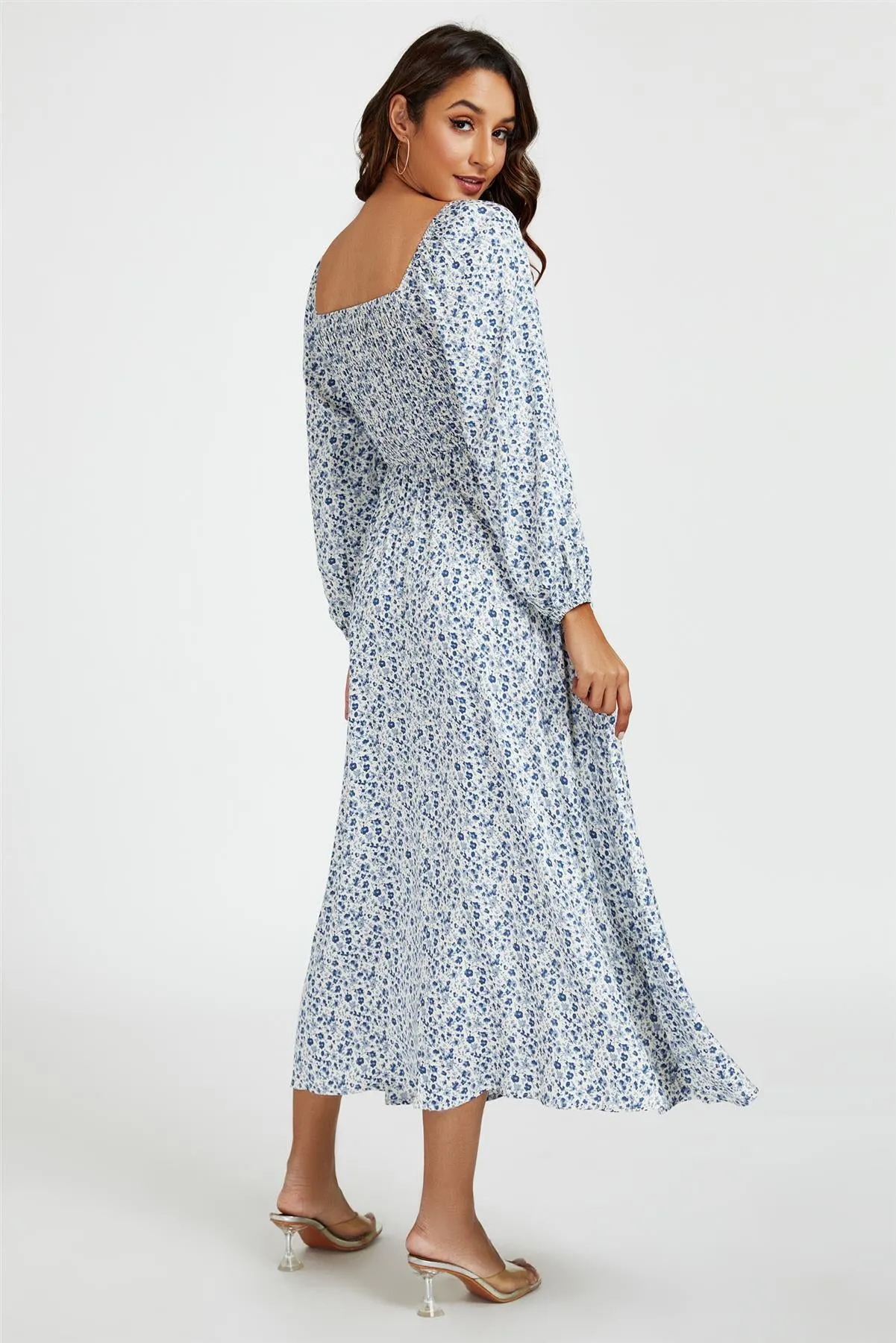 Floral Print Square Neck Maxi Dress In Light Blue