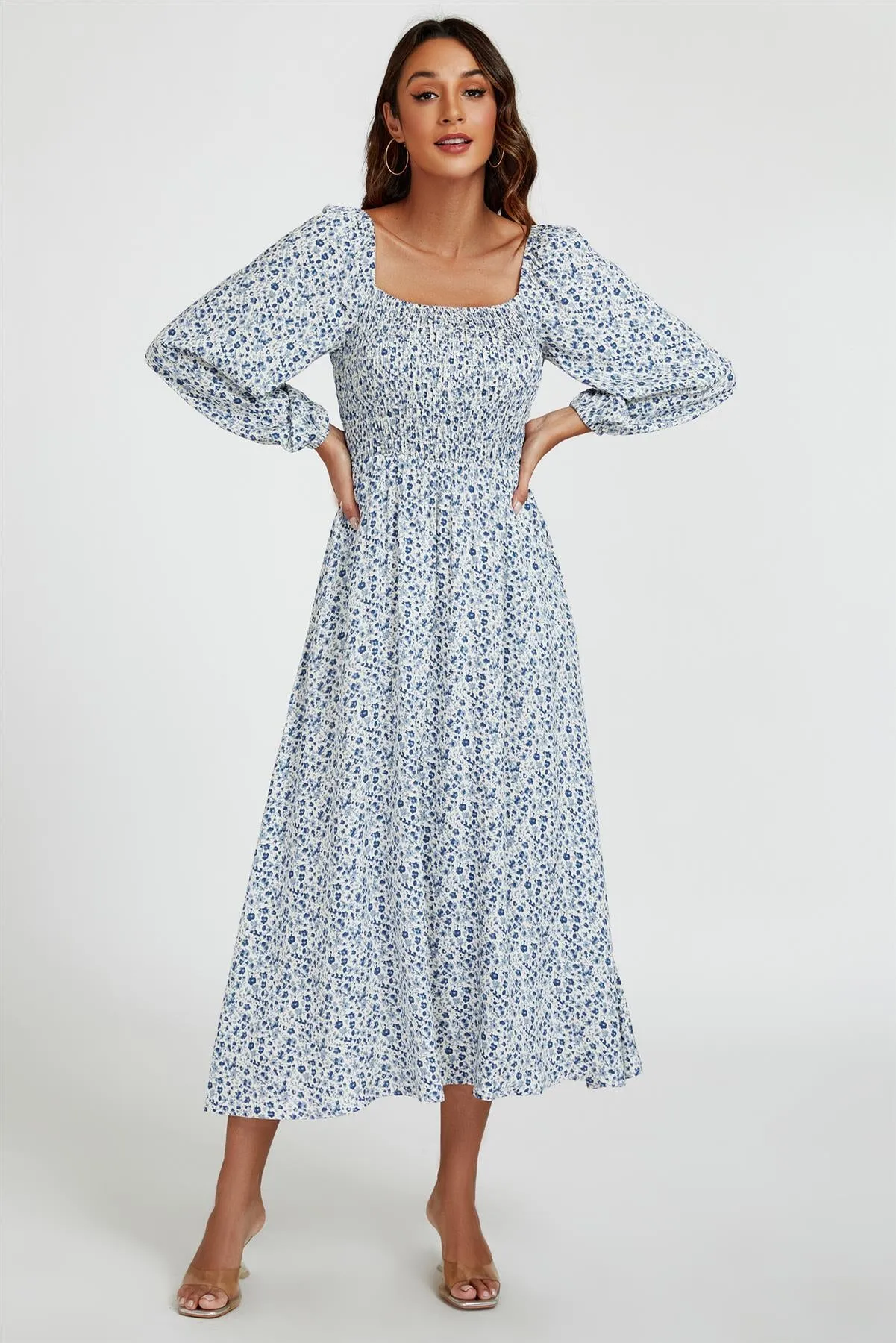 Floral Print Square Neck Maxi Dress In Light Blue