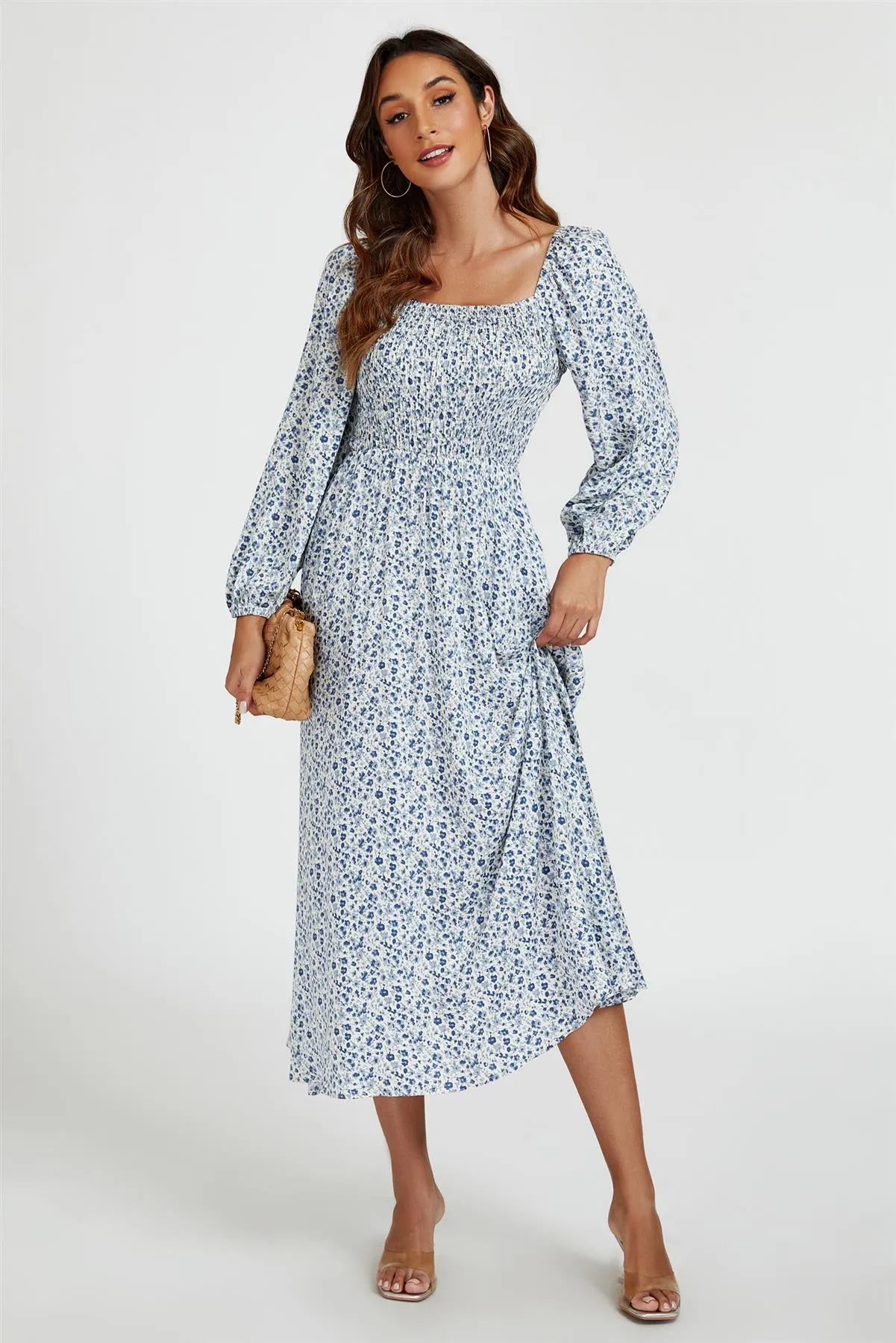 Floral Print Square Neck Maxi Dress In Light Blue