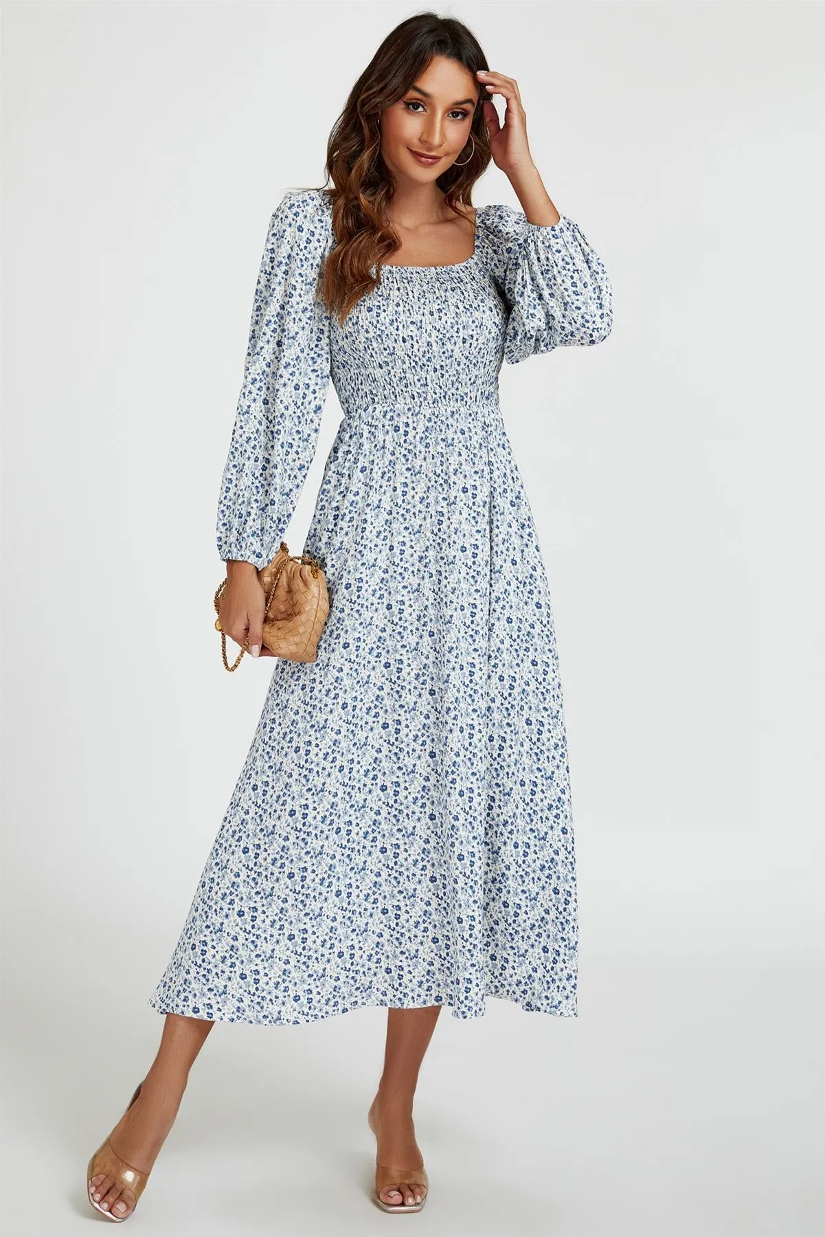 Floral Print Square Neck Maxi Dress In Light Blue