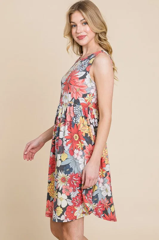 Floral Printed Sleeveless Babydoll Dress