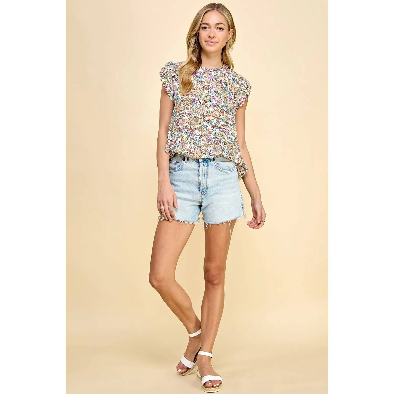 Floral Top With Ruffled Neck and Short Sleeves