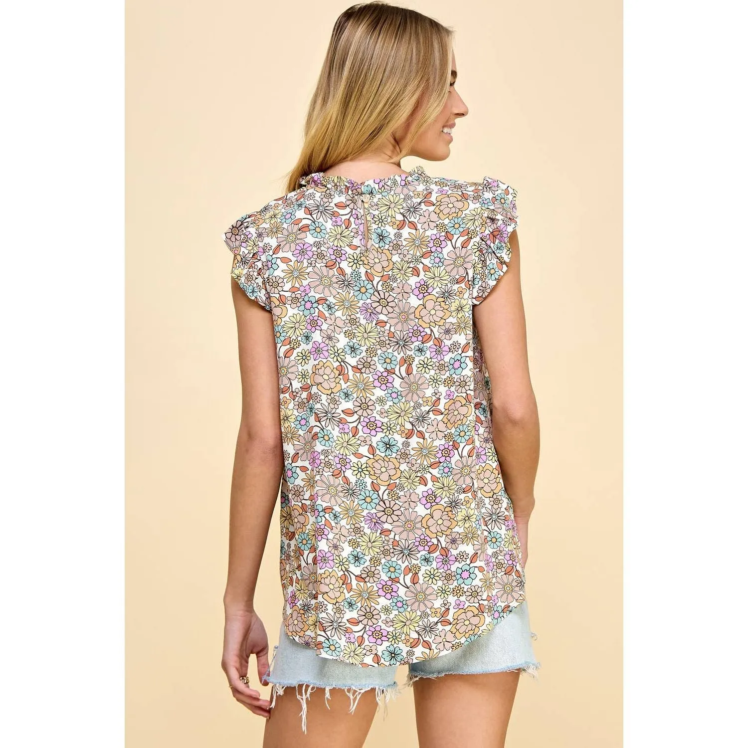 Floral Top With Ruffled Neck and Short Sleeves