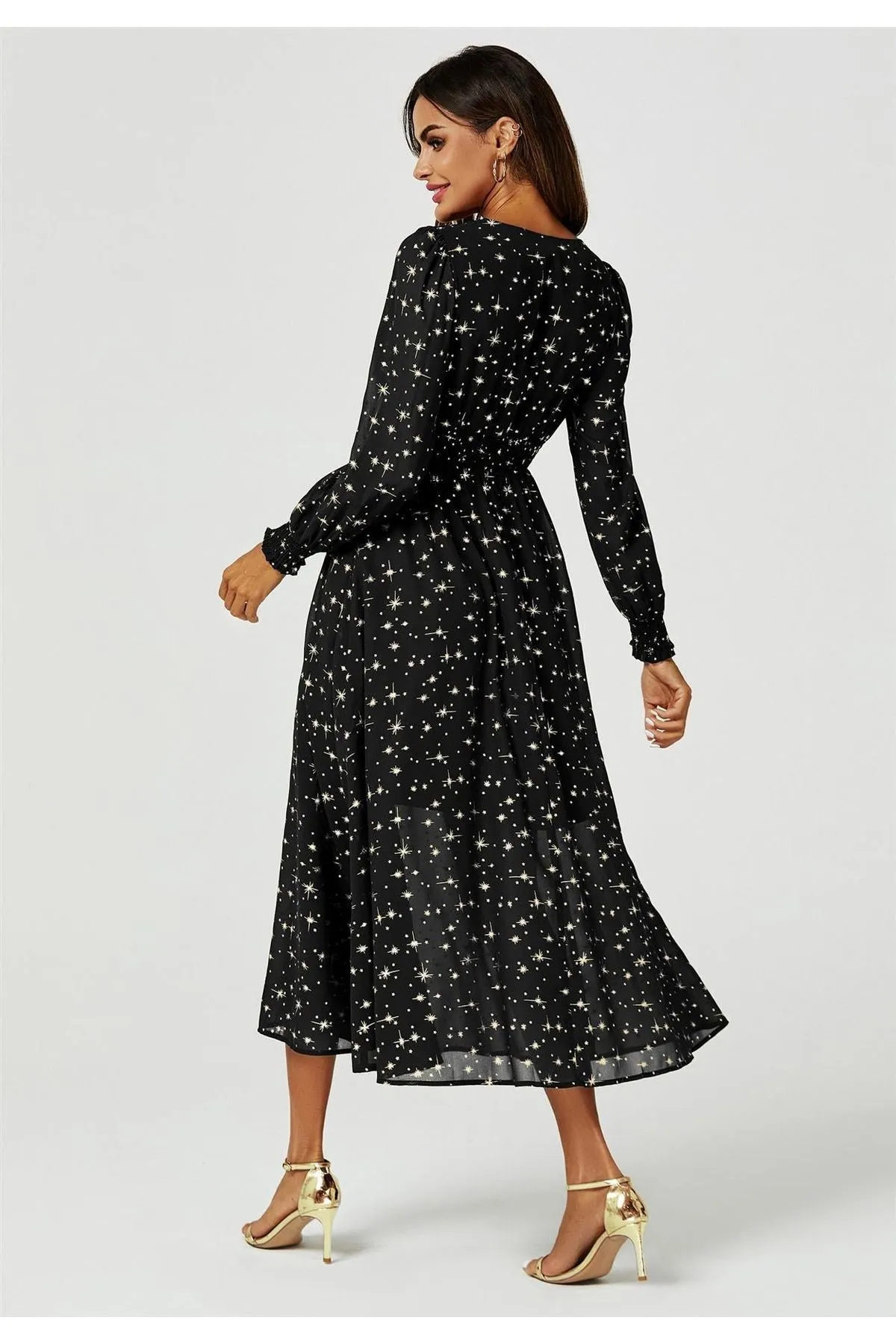 FS Collection Gold Star Foil Long Sleeve Maxi Dress In Black