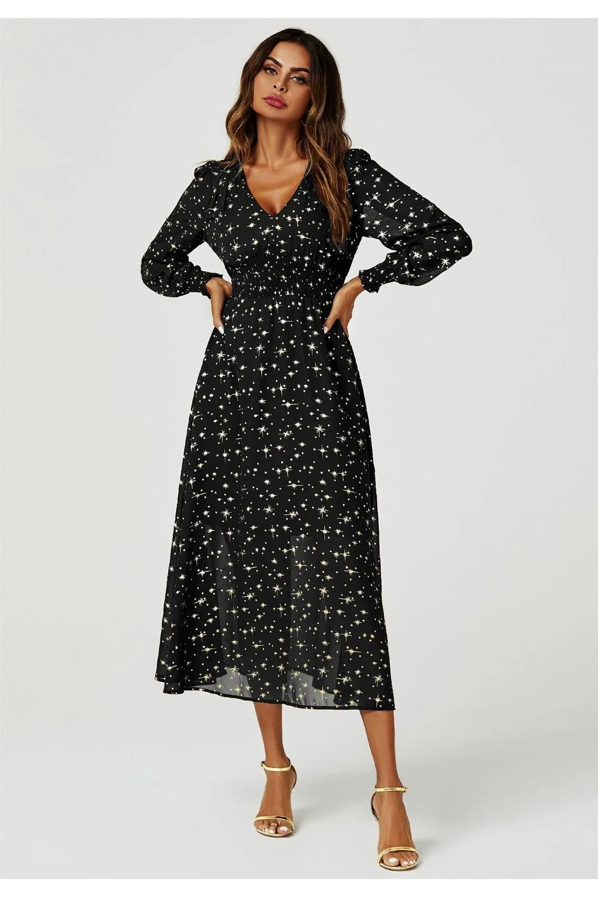 FS Collection Gold Star Foil Long Sleeve Maxi Dress In Black