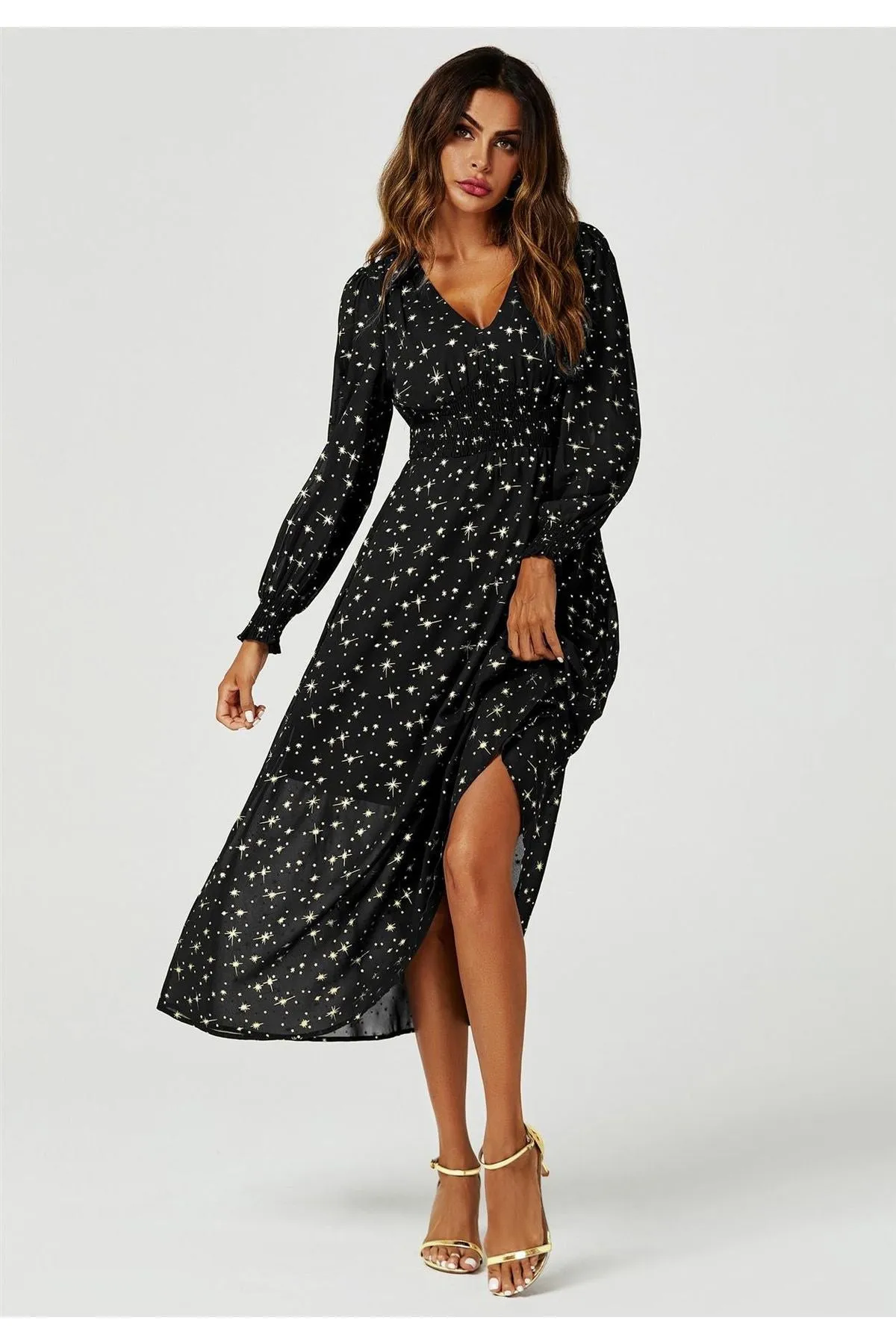 FS Collection Gold Star Foil Long Sleeve Maxi Dress In Black