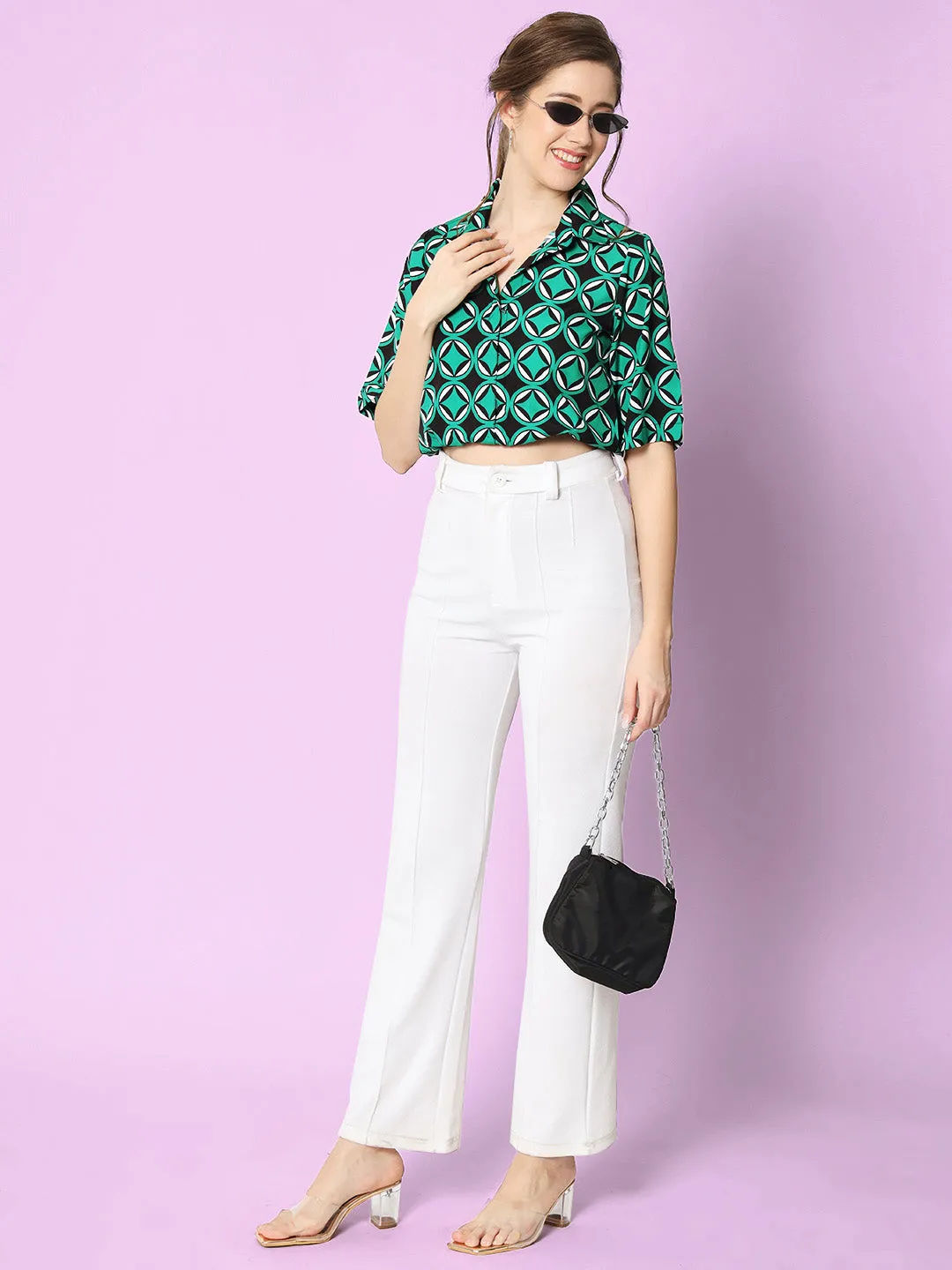 Geometric Printed Bardot Crop Top