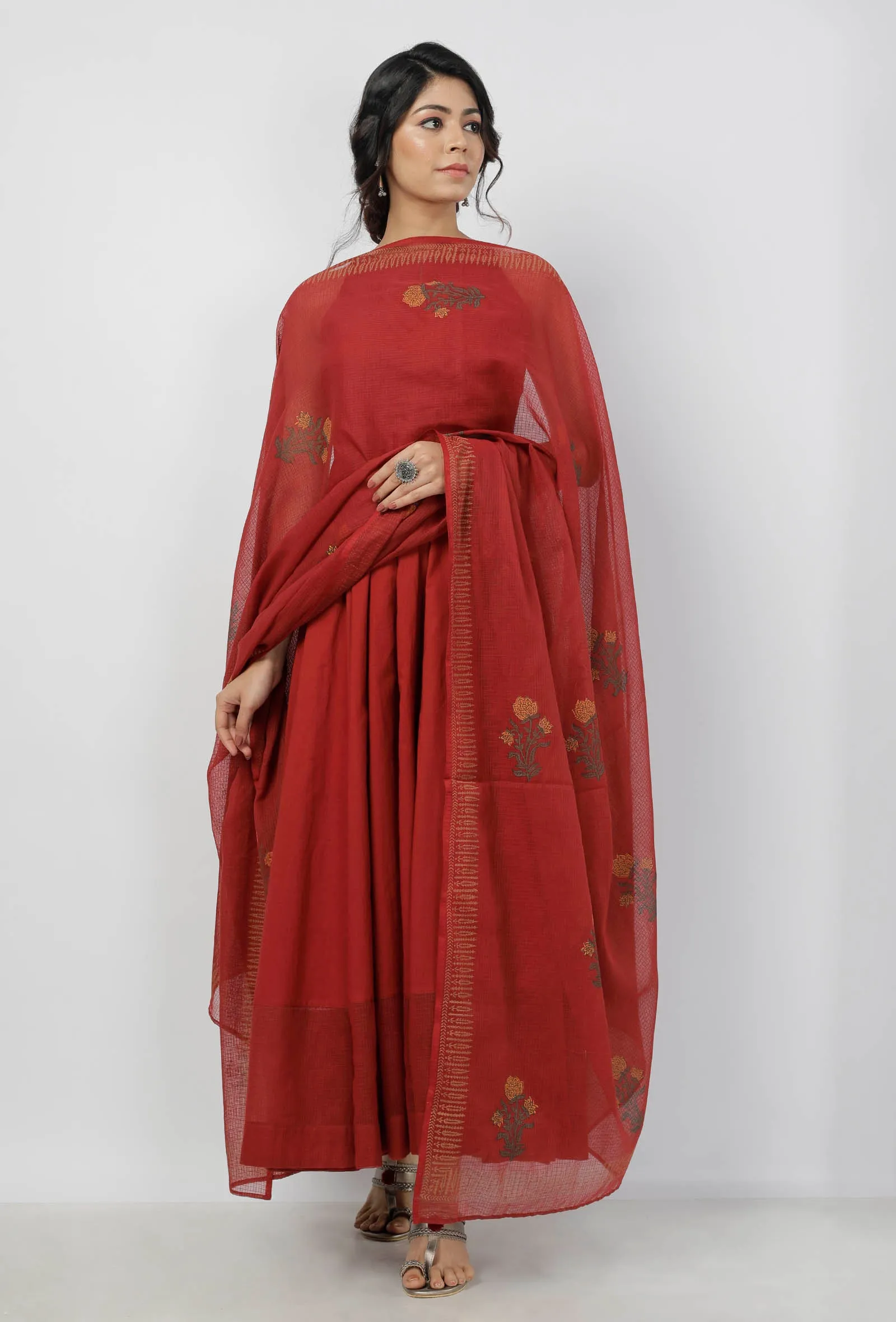 Gerua Maroon Floral Block Printed Kota Dupatta