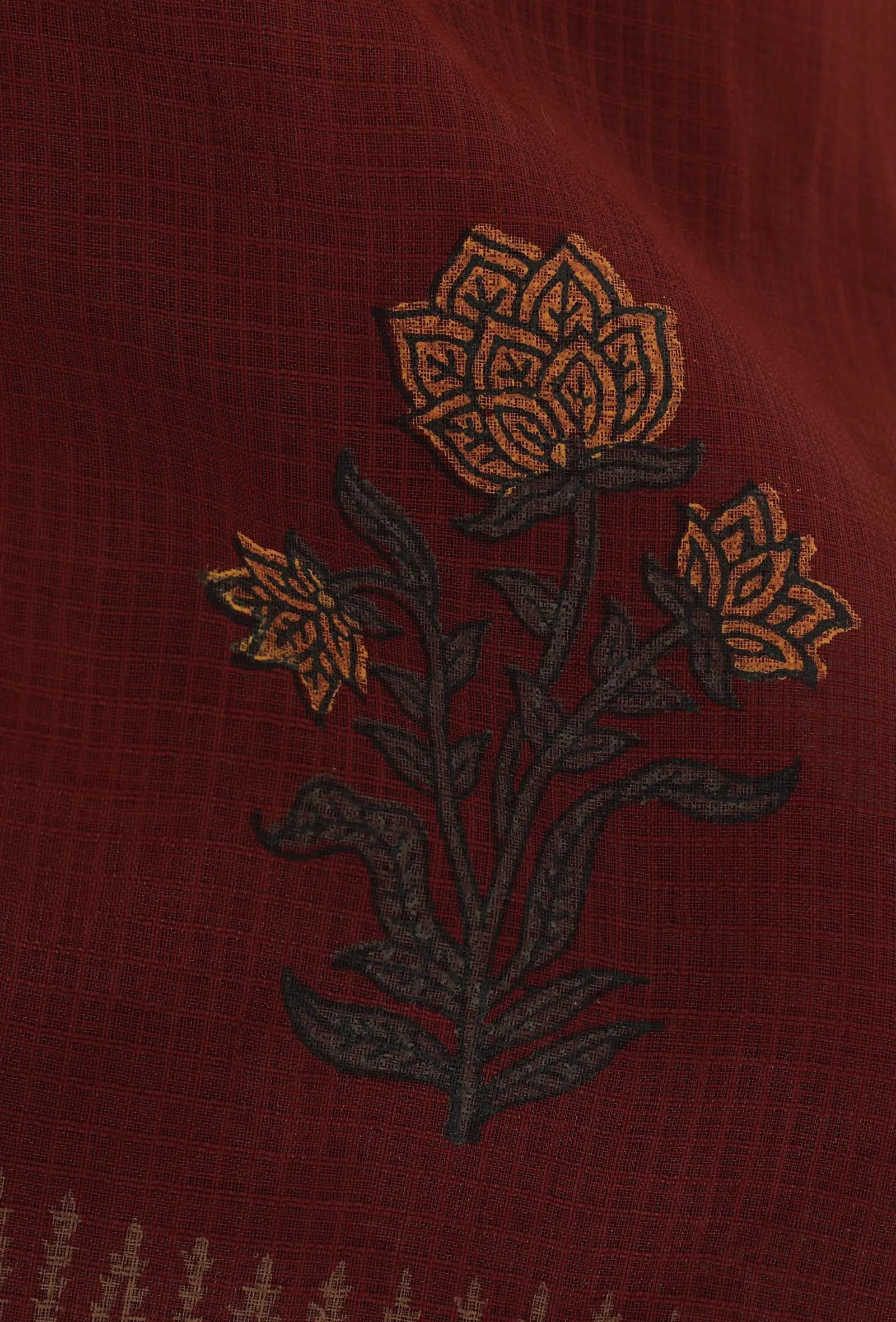 Gerua Maroon Floral Block Printed Kota Dupatta