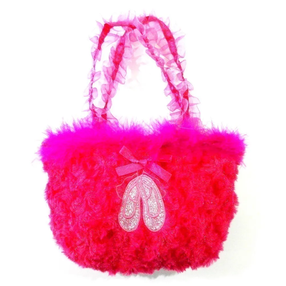 Girls Hot Pink Ruffle Straps Faux Ballet Shoes Velvet Purse