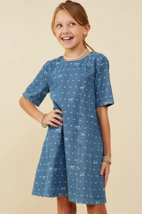 Girls Polka Dot And Bow Print Denim Dress